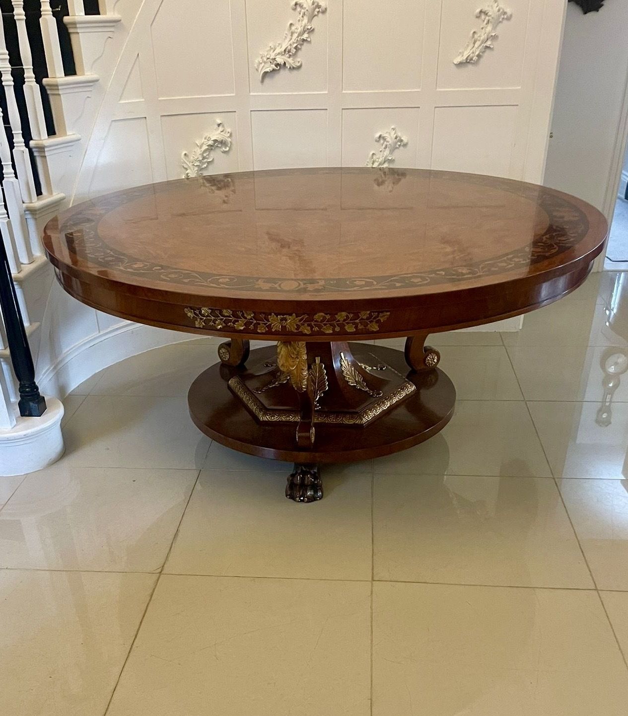 Magnificent Quality 8/10 Seater Antique Burr Walnut Marquetry Inlaid Carved Gilded Dining Table