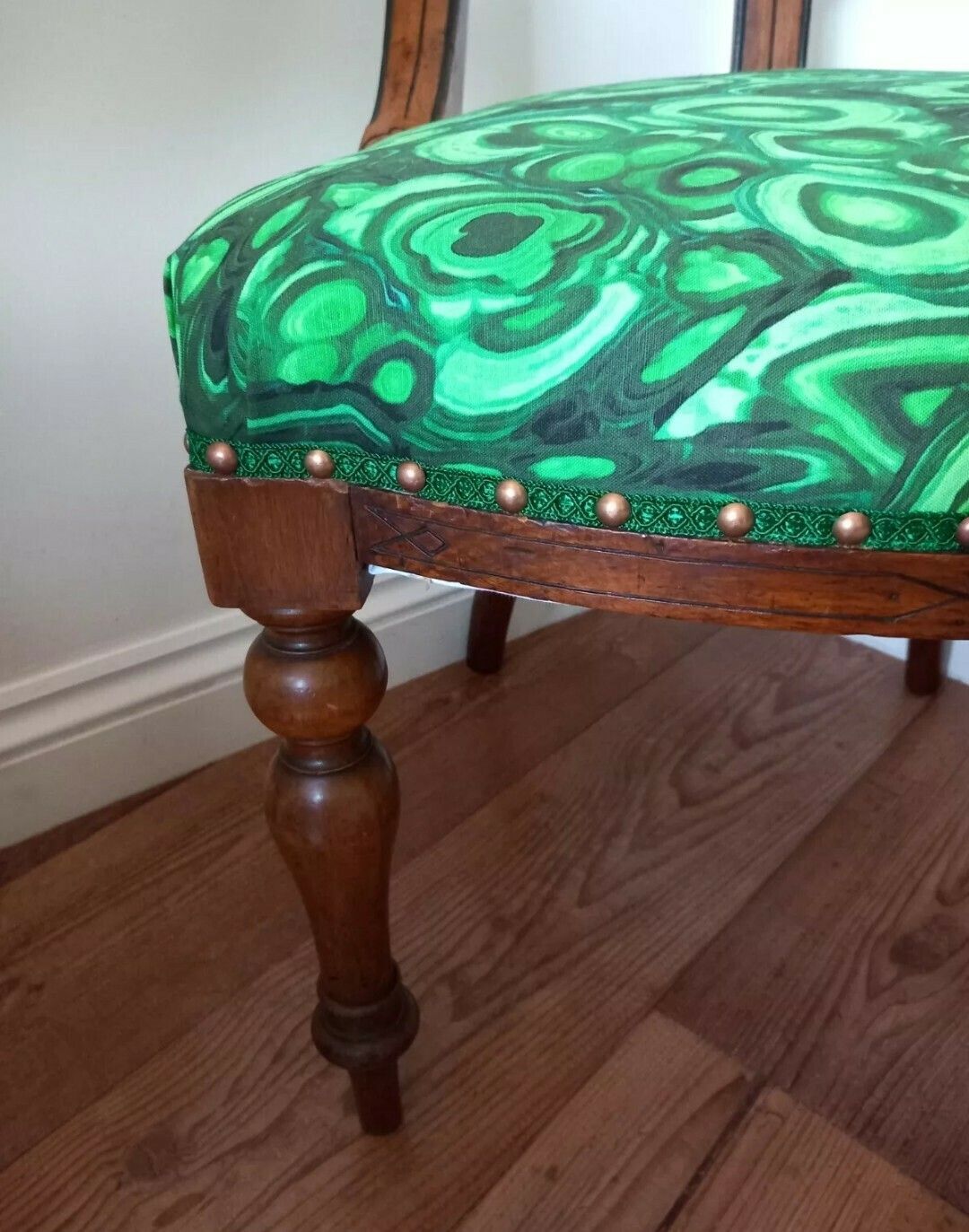 Victorian Carved Wood Chair Reupholstered With Green Malachite Print Fabric photo 250.0