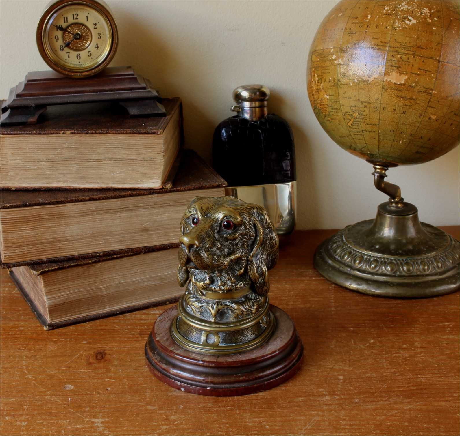 Victorian Brass Dog Inkwell. Marble Spaniel Ink Stand. Paperweight C1880. photo 675.0