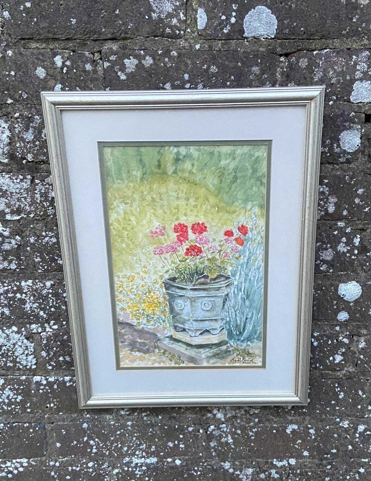 Geraniums In Urn An Original Watercolour By Nigel Fox Bassett 2003; Professionally Mounted And Framed.