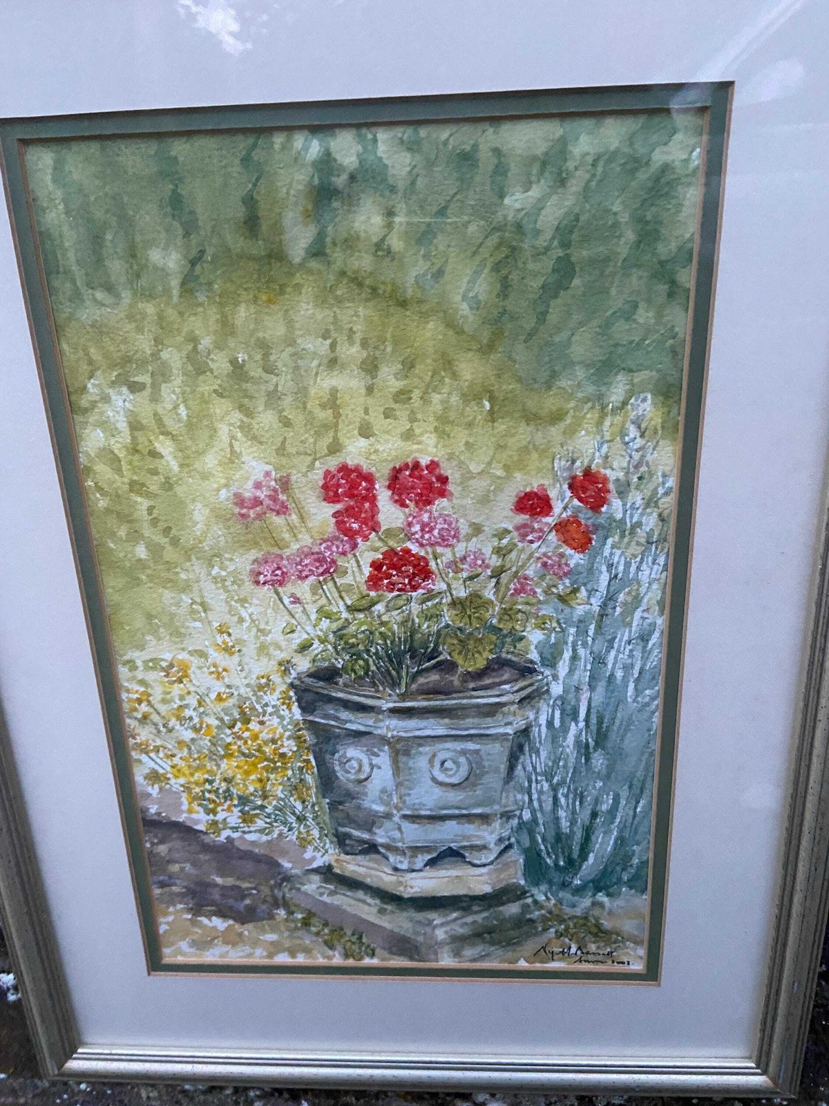 Geraniums In Urn An Original Watercolour By Nigel Fox Bassett 2003; Professionally Mounted And Framed. photo furniture