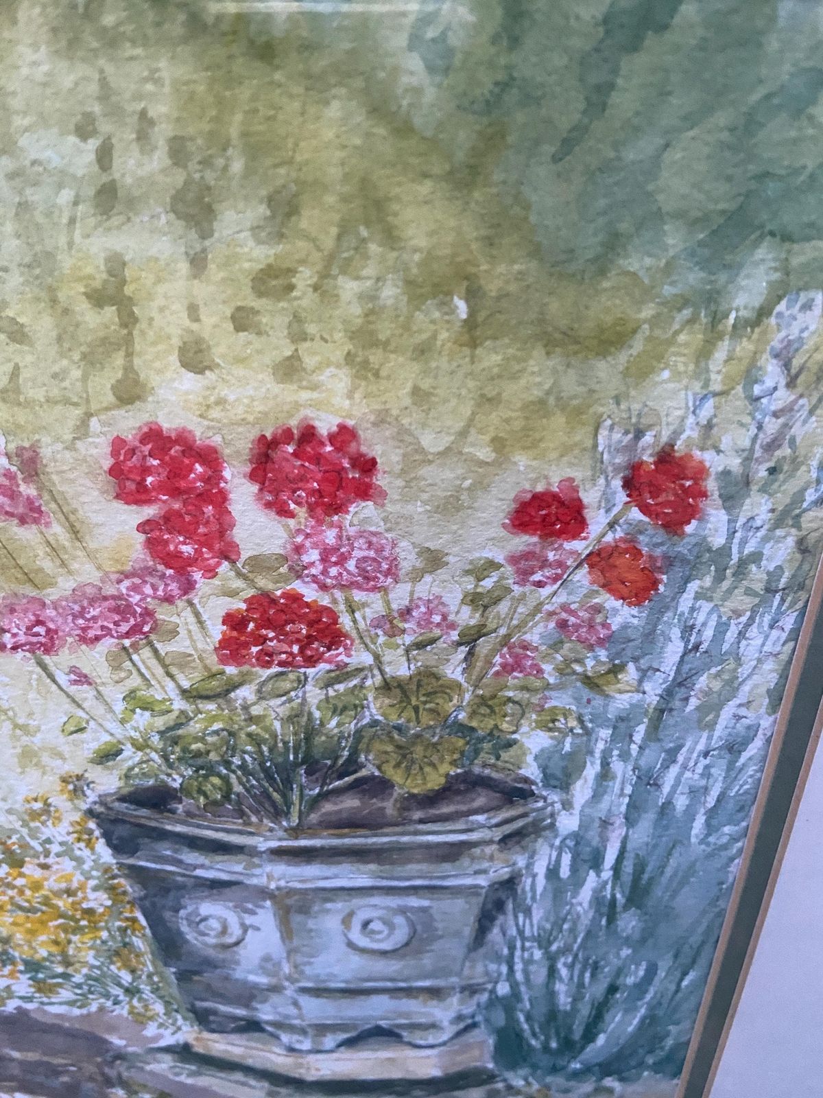 Geraniums In Urn An Original Watercolour By Nigel Fox Bassett 2003; Professionally Mounted And Framed. photo vinterior