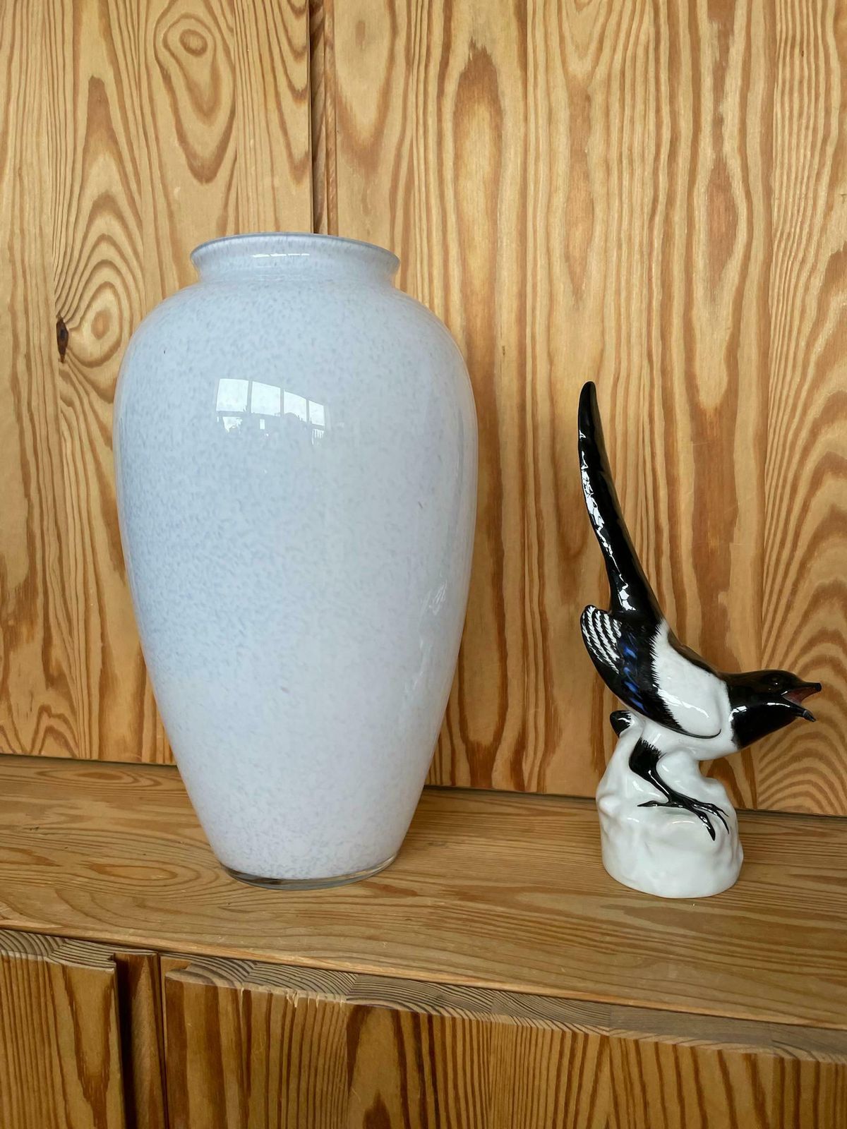Large Glass White And Blue Flecked Vase By Royal Brierley Studio Late 70s Or 80s