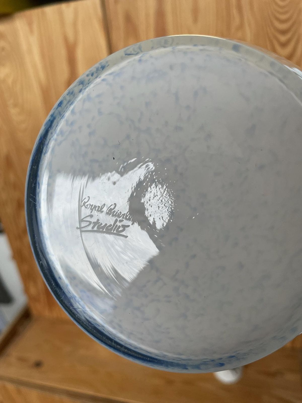 photo for sale Large Glass White And Blue Flecked Vase By Royal Brierley Studio Late 70s Or 80s