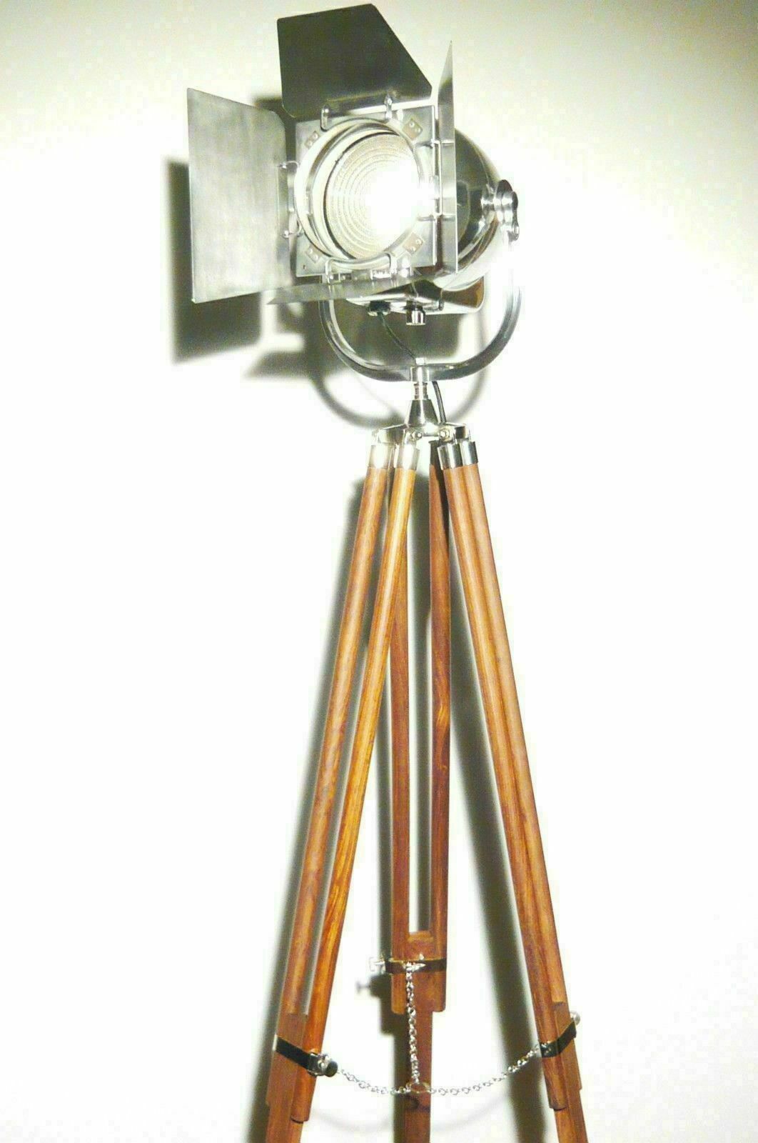 Vintage British Strand Patt 123 Industrial Theatre Spot Lamp Art Deco Film Floor Light Wood Movie Lantern Tripod 50's Cinema Mid Century Eames photo furniture
