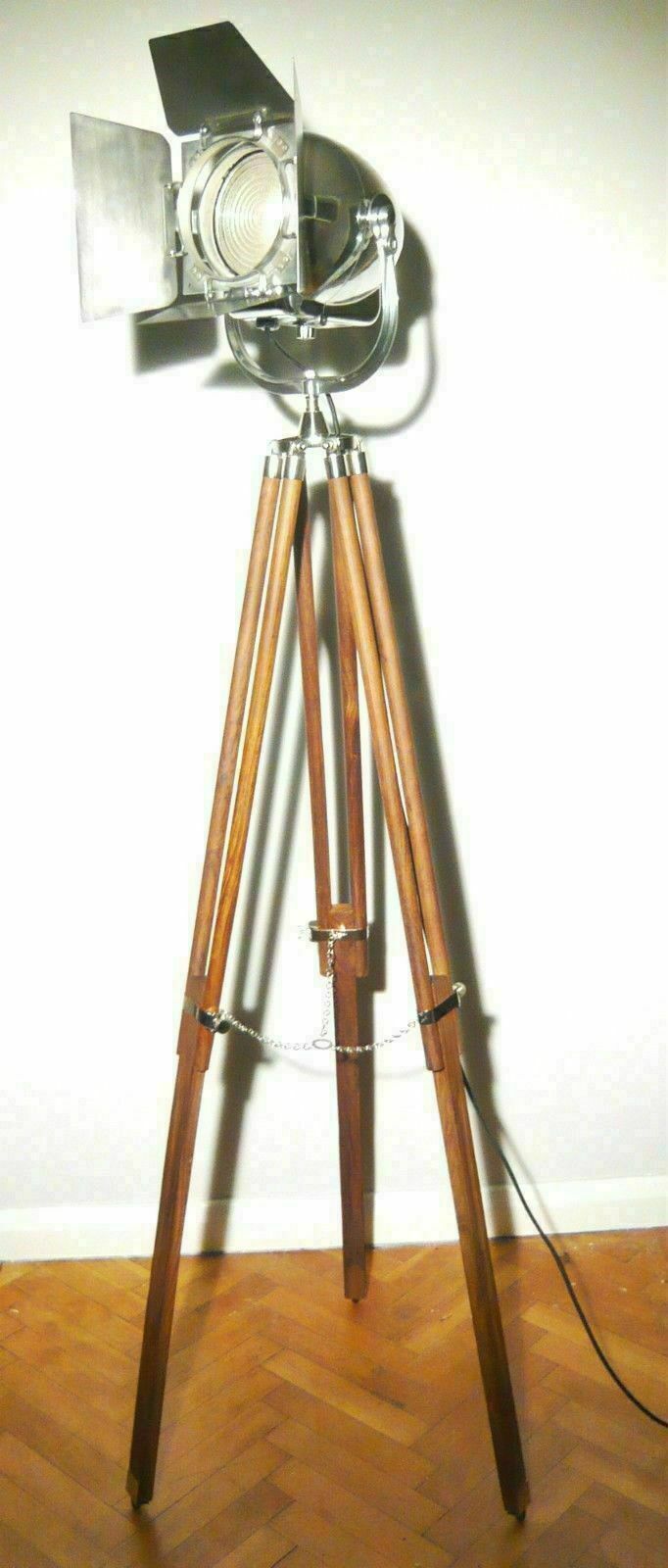 Vintage British Strand Patt 123 Industrial Theatre Spot Lamp Art Deco Film Floor Light Wood Movie Lantern Tripod 50's Cinema Mid Century Eames photo vinterior