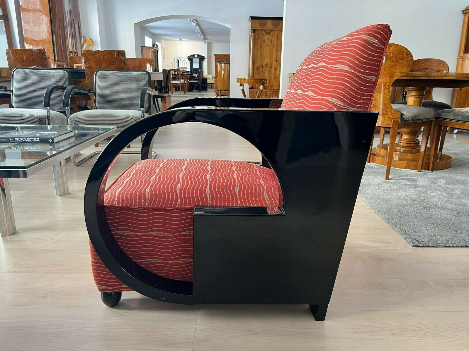 photo for sale Art Deco Club Chair, Black Lacquer And Red Fabric, France Circa 1930