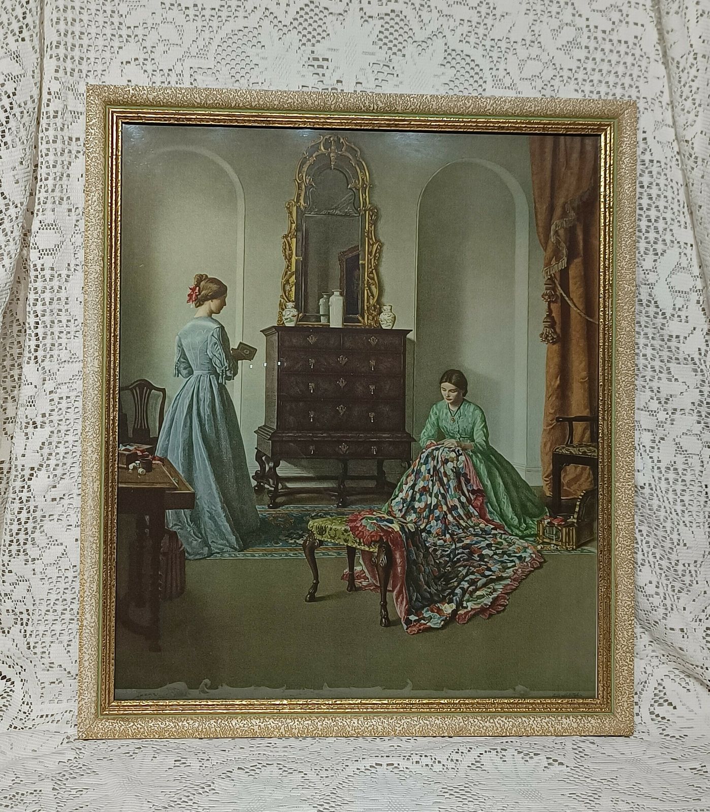 Large Mid Century Art Print The Patchwork Quilt After Leonard Campbell Taylor Framed. photo vintage
