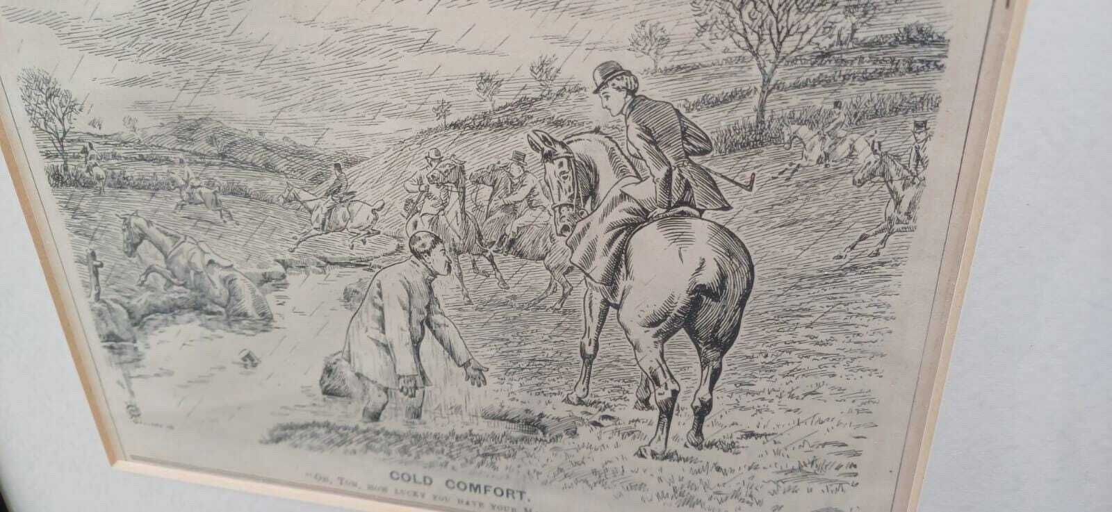 Wonderful Framed Antique Punch Fox Hunting Cartoon Fox Hunting ‘Cold Comfort’ Man Falling Off His Horse.C1898 photo vinterior
