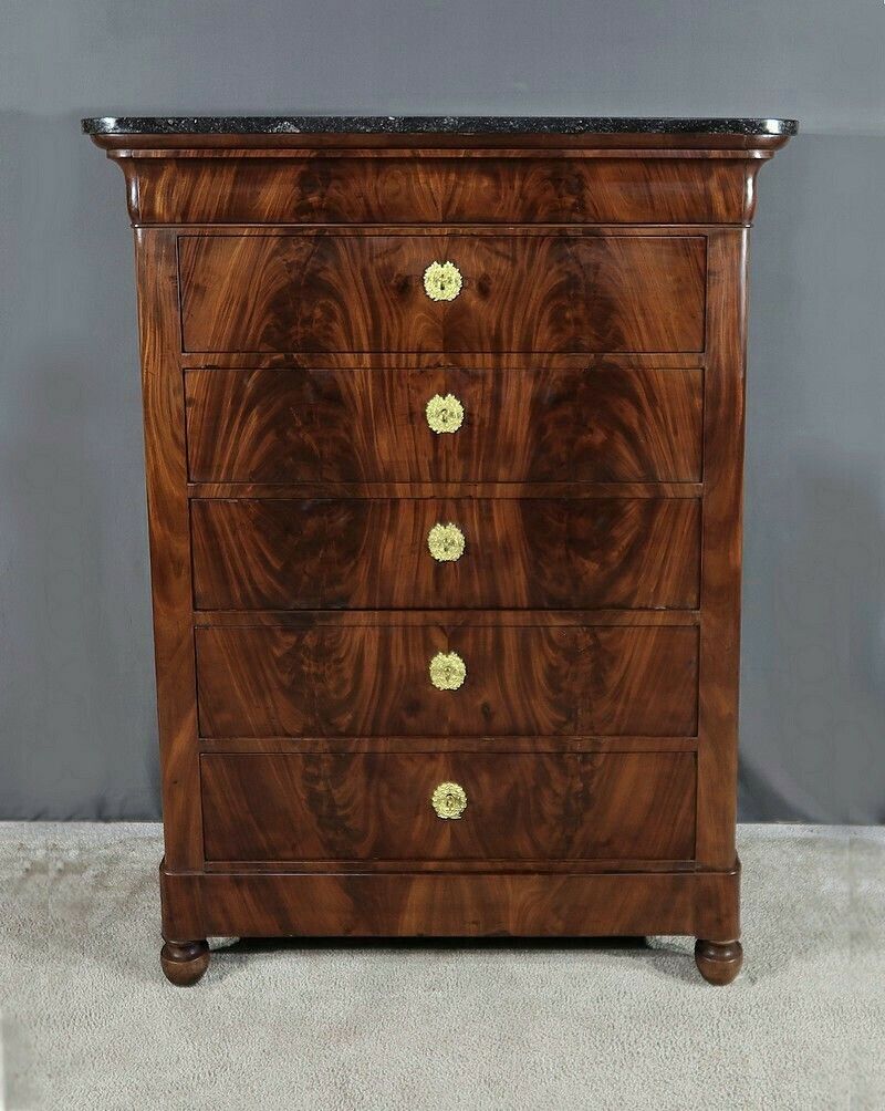 Mahogany Burl Chest Of Drawers, Restoration Period – Early 19th Century photo for sale