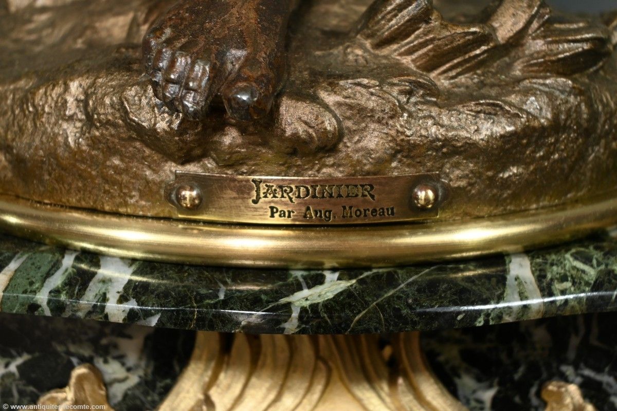 photo vintage Regulate And Marble Clock, Titled “Gardener”, Signed A. Moreau – Late 19th Century