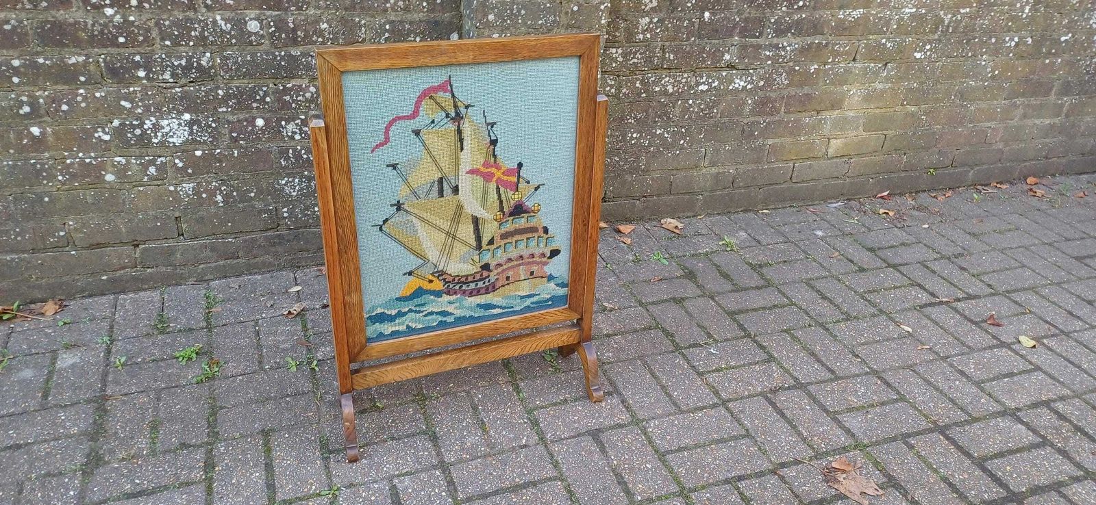 Classic Vintage Oak Fire Screen With Galleon Tapestry And Glazed Panel photo furniture