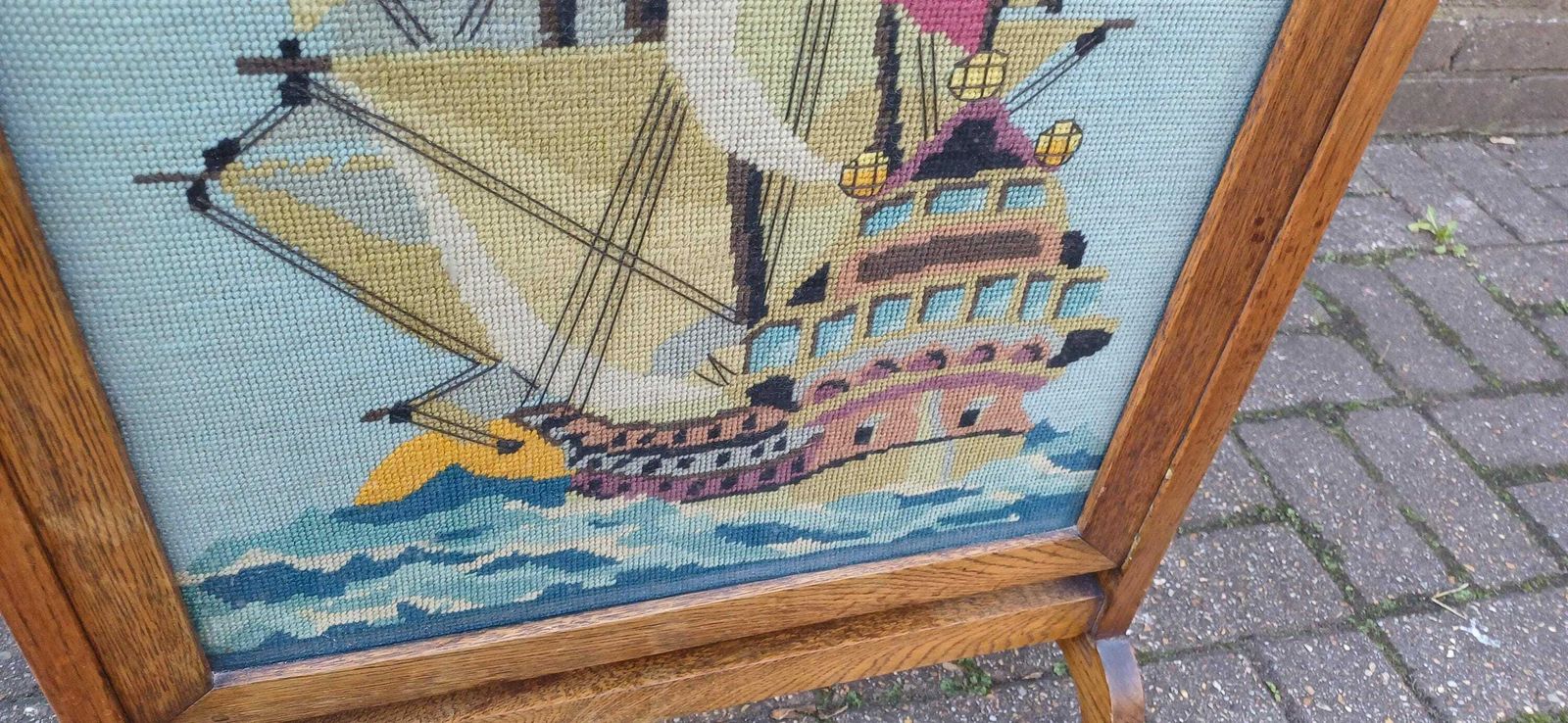 Classic Vintage Oak Fire Screen With Galleon Tapestry And Glazed Panel photo vinterior