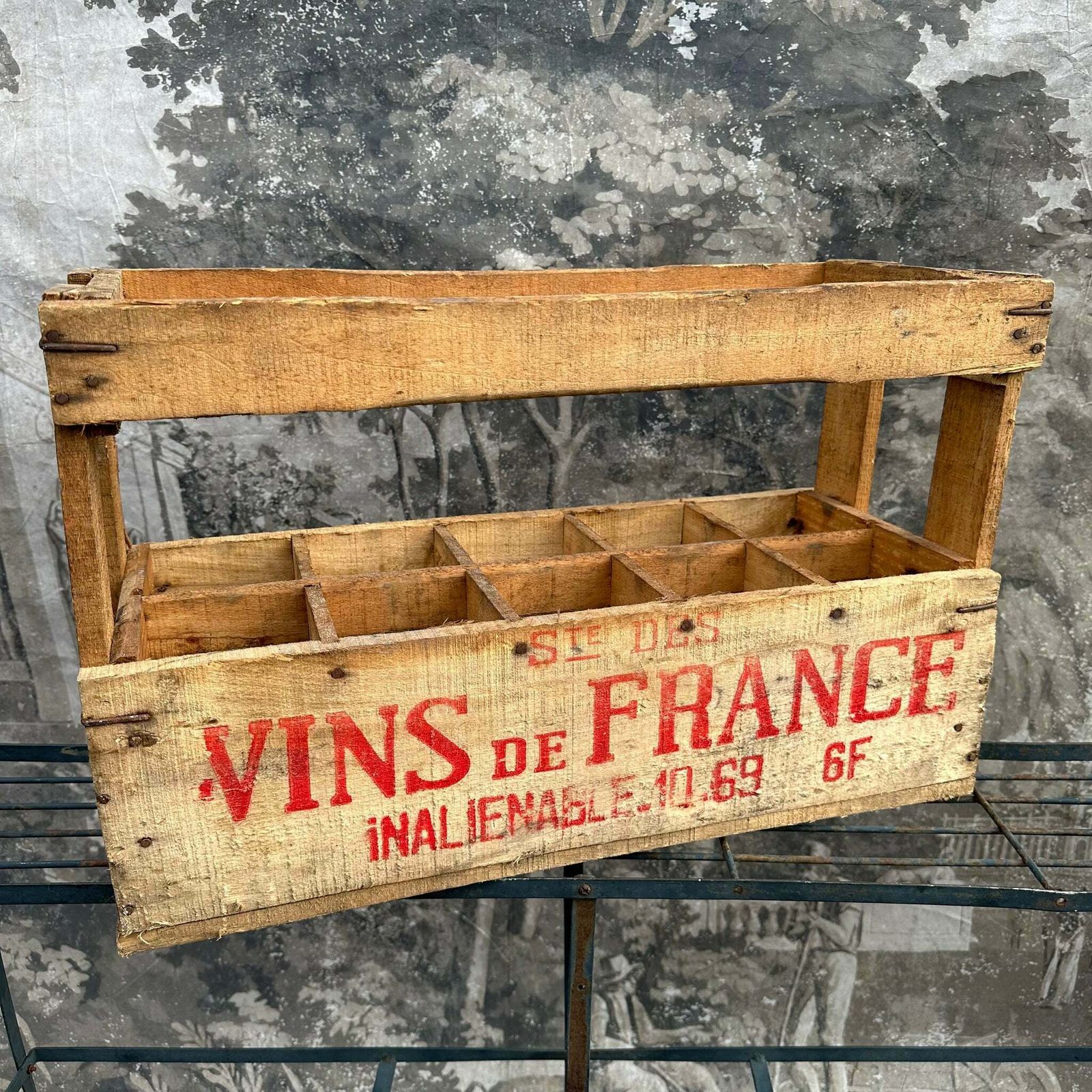 Vintage French “Vins De France” Wooden Wine Bottle Crate Carrier   10 Bottles