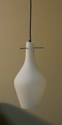photo for sale Mid Century Pendant Lamp In Opaline Glass And Iron, Italy, 1950s