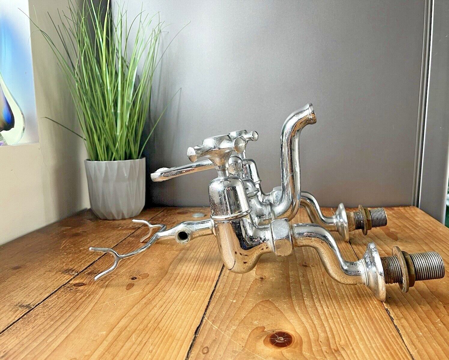 Rare Antique Belco Bath Shower Arm Hot & Cold Twin Mixer Dual Cross Handle Taps photo vintage