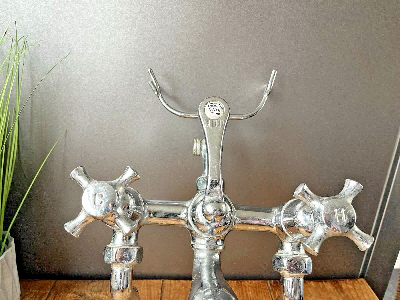 photo furniture Rare Antique Belco Bath Shower Arm Hot & Cold Twin Mixer Dual Cross Handle Taps