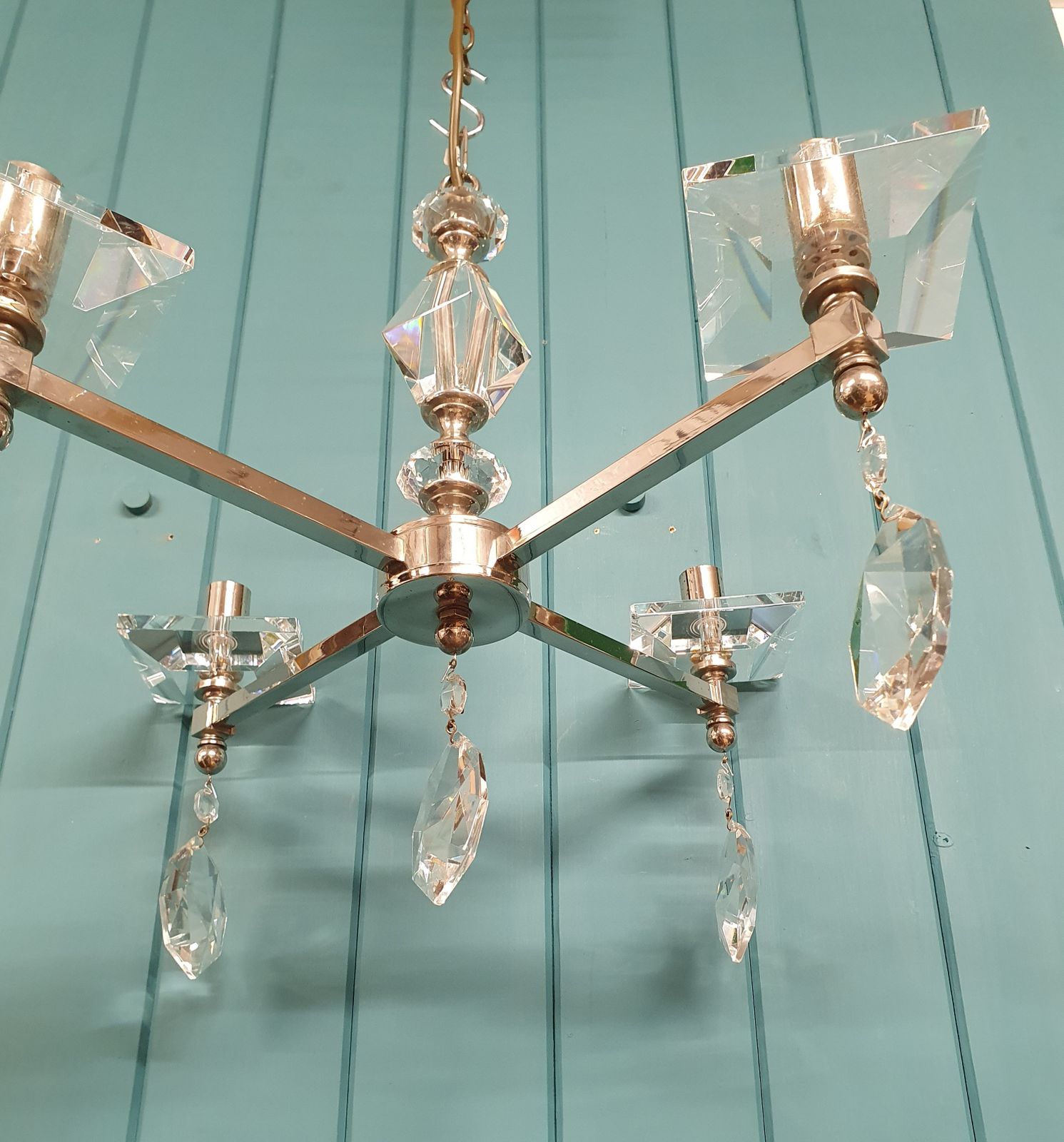 Mid 20th Century Chrome And Cut Glass Chandelier 21" photo buy