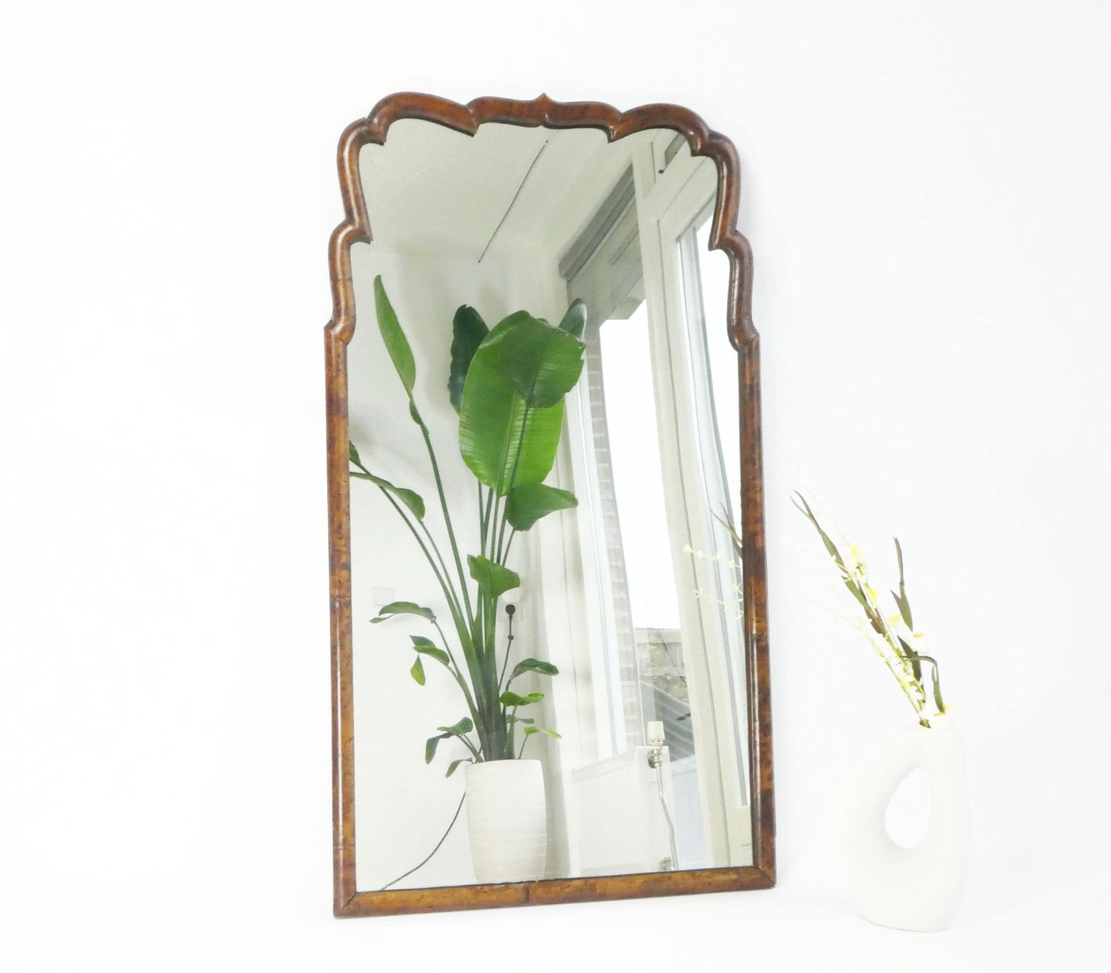 Large Wooden Scalloped Antique Mirror, Dutch Wall Mirror With Beveled Glass, Farmhouse Wall Decor
