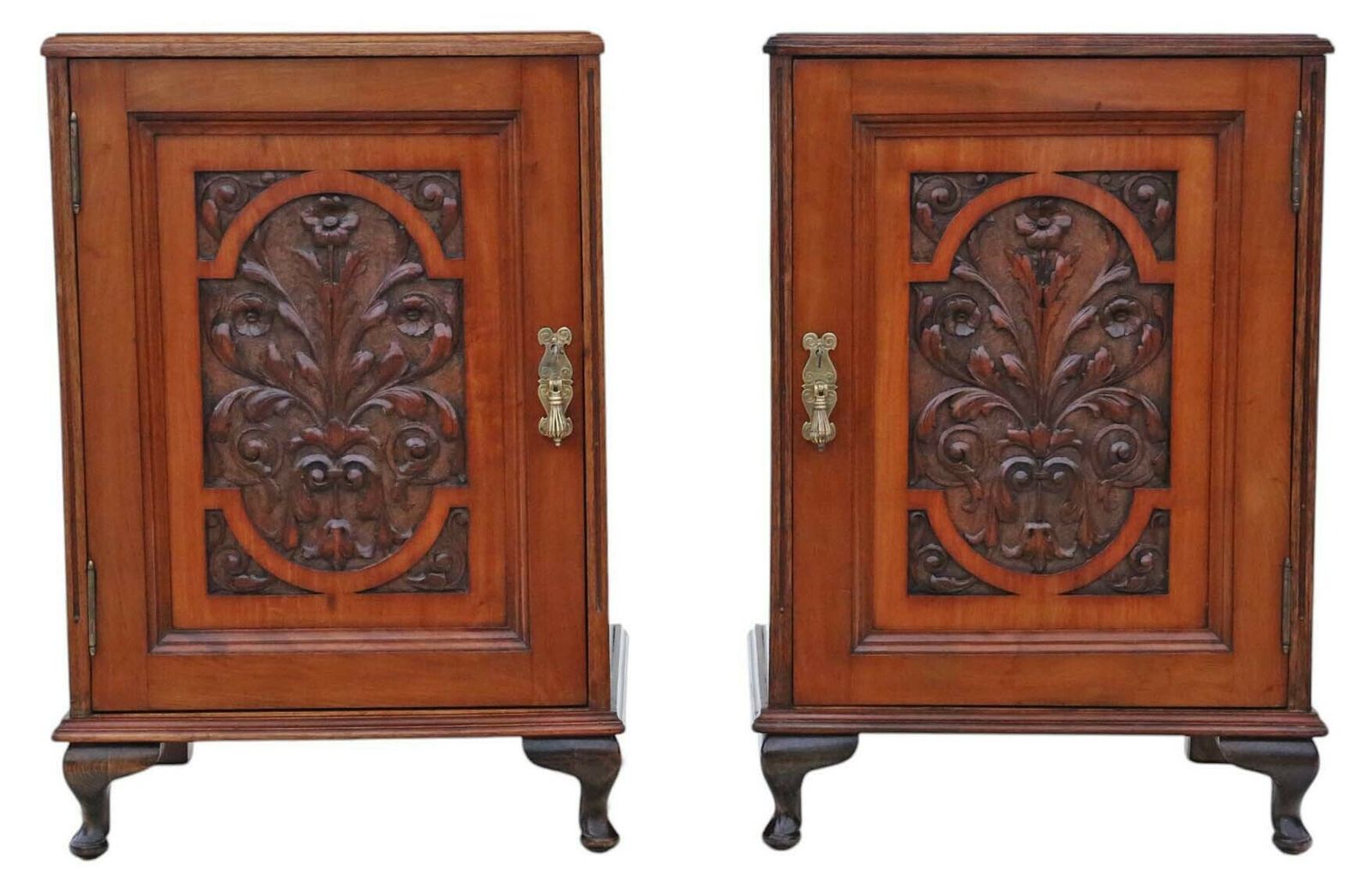 Pair Of Antique Carved Walnut Bedside Tables – Quality Vintage Cupboards Drawers