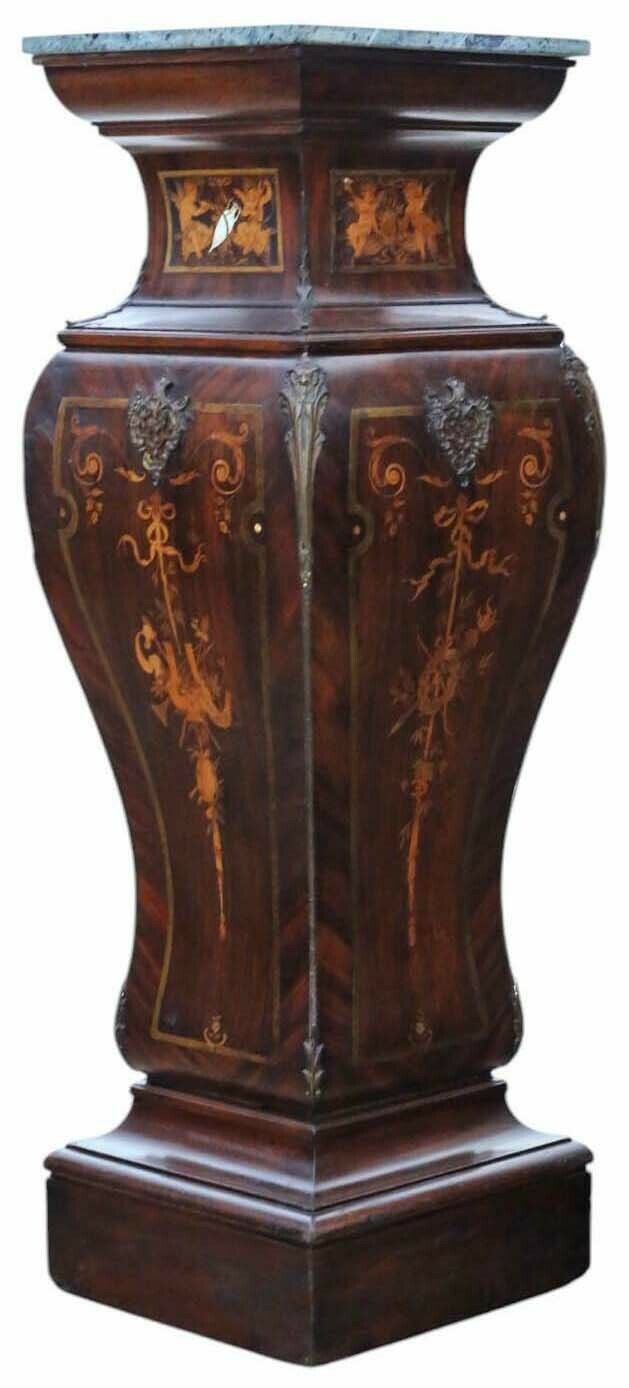 Antique Large 19th Century Neoclassical Jardiniere Statue Stand – Marquetry Pedestal Table With Ormolu Mounts And Marble Top