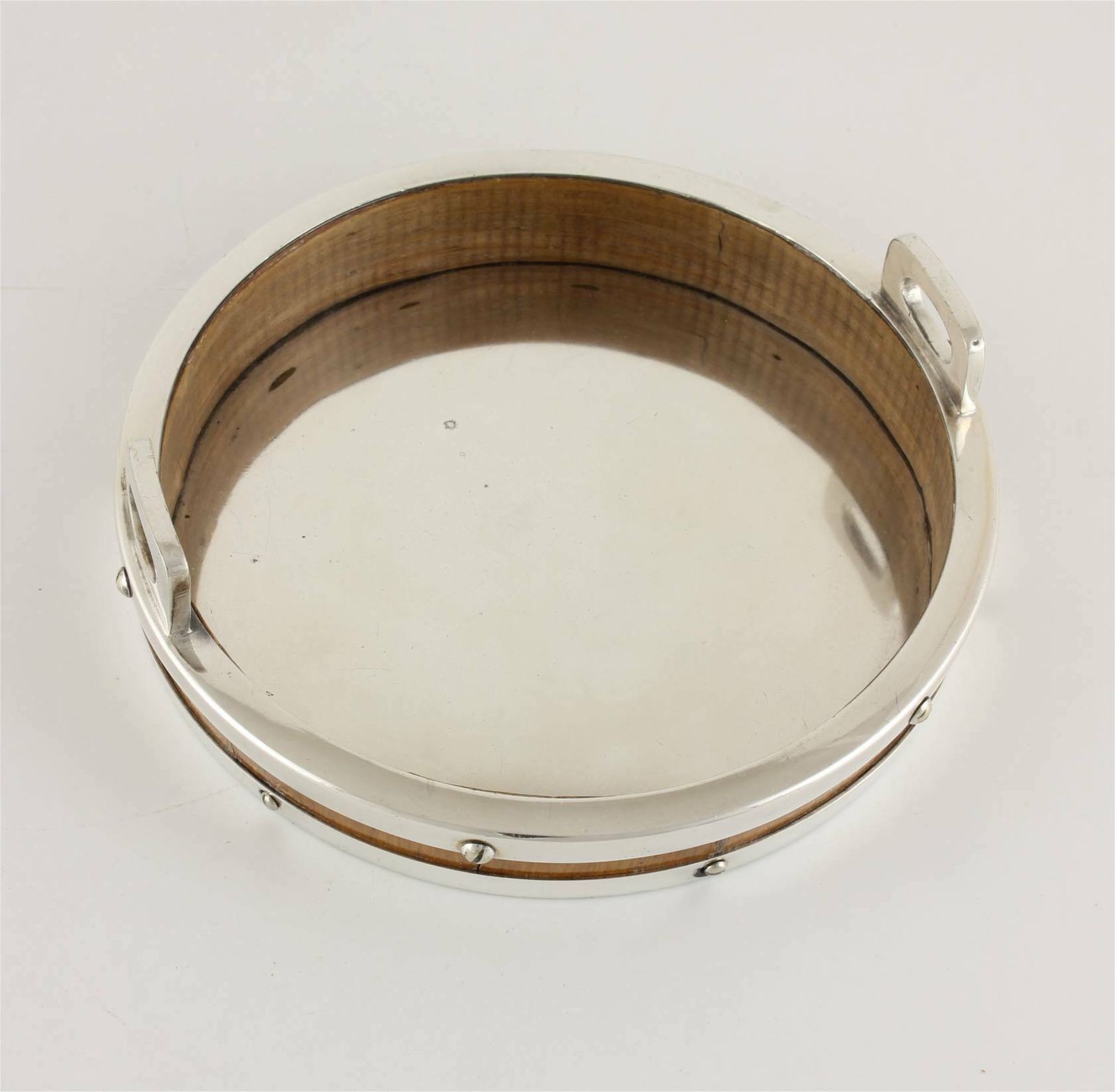 Large Silver Plate & Oak Bottle Coaster. Coopered Wine Champagne Holder. photo for sale