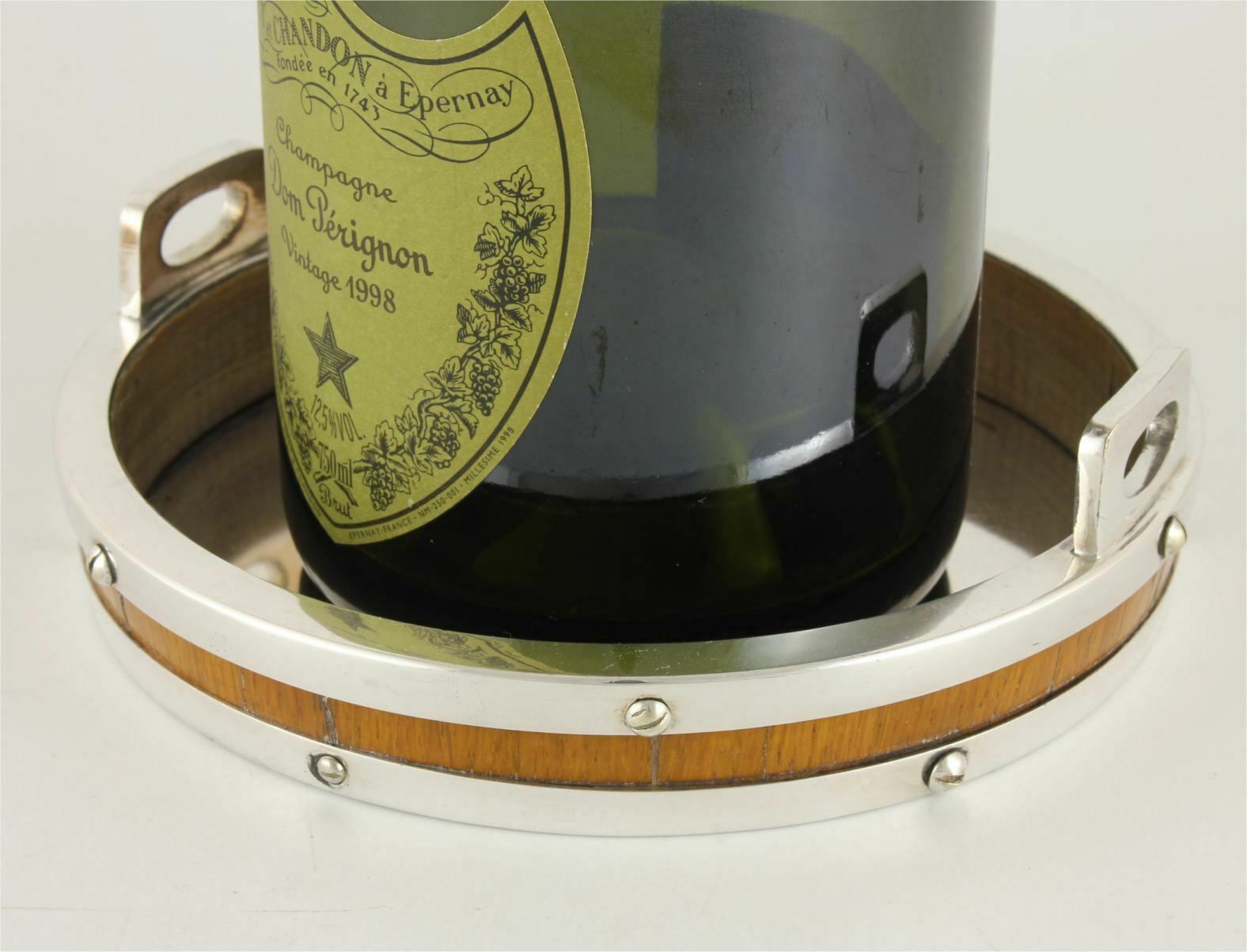 Home Decor Large Silver Plate & Oak Bottle Coaster. Coopered Wine Champagne Holder. photo