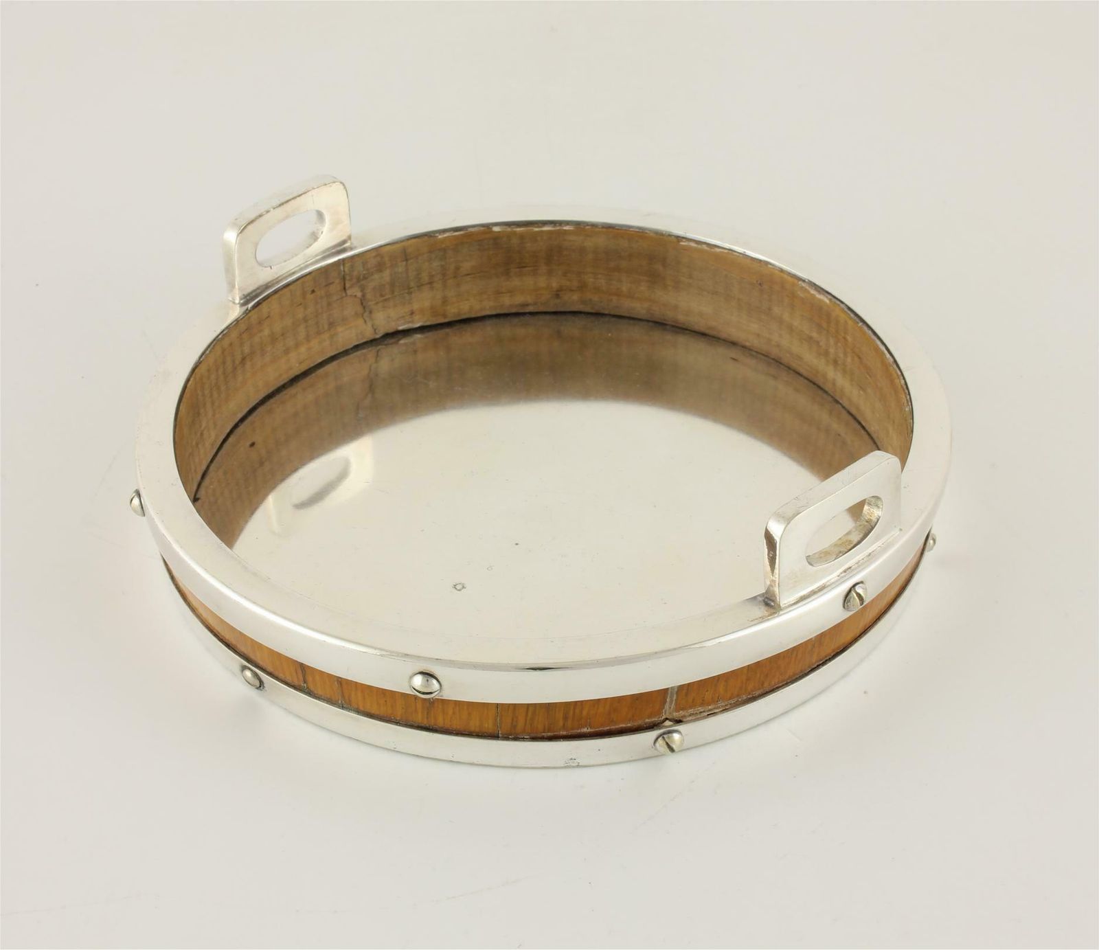 185.0 Large Silver Plate & Oak Bottle Coaster. Coopered Wine Champagne Holder. photo