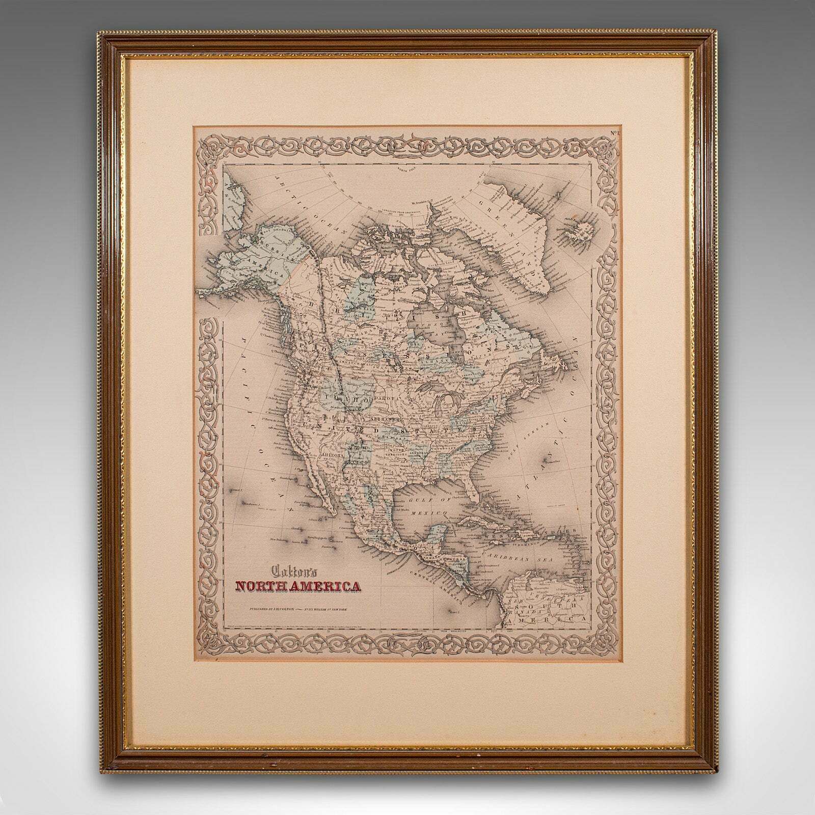 Antique North America Map, USA, Canada, Mexico, Cartography, Colton, Victorian photo furniture
