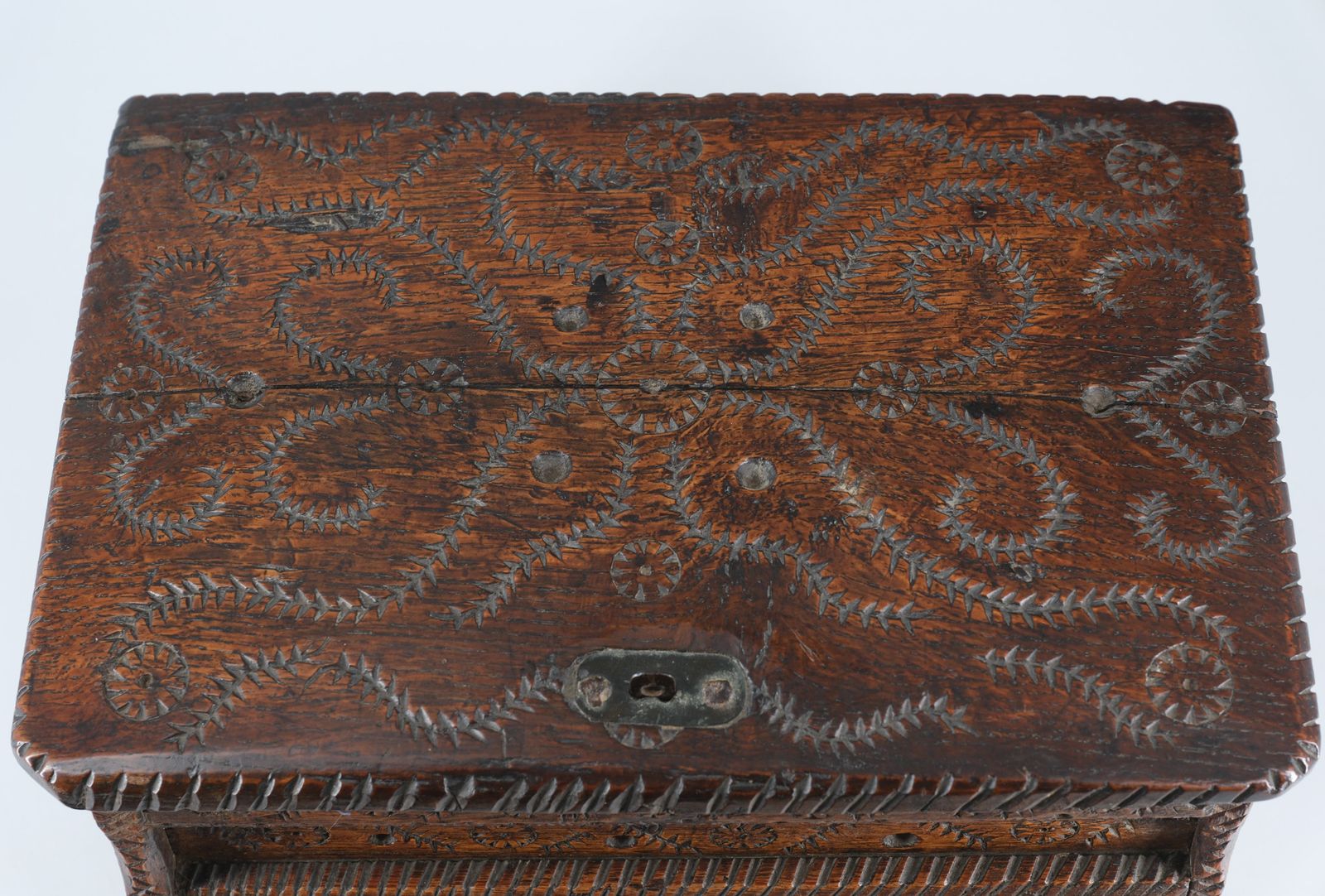 19th Century Scandinavian Folk Art Carved Oak Table Top Chest photo for sale