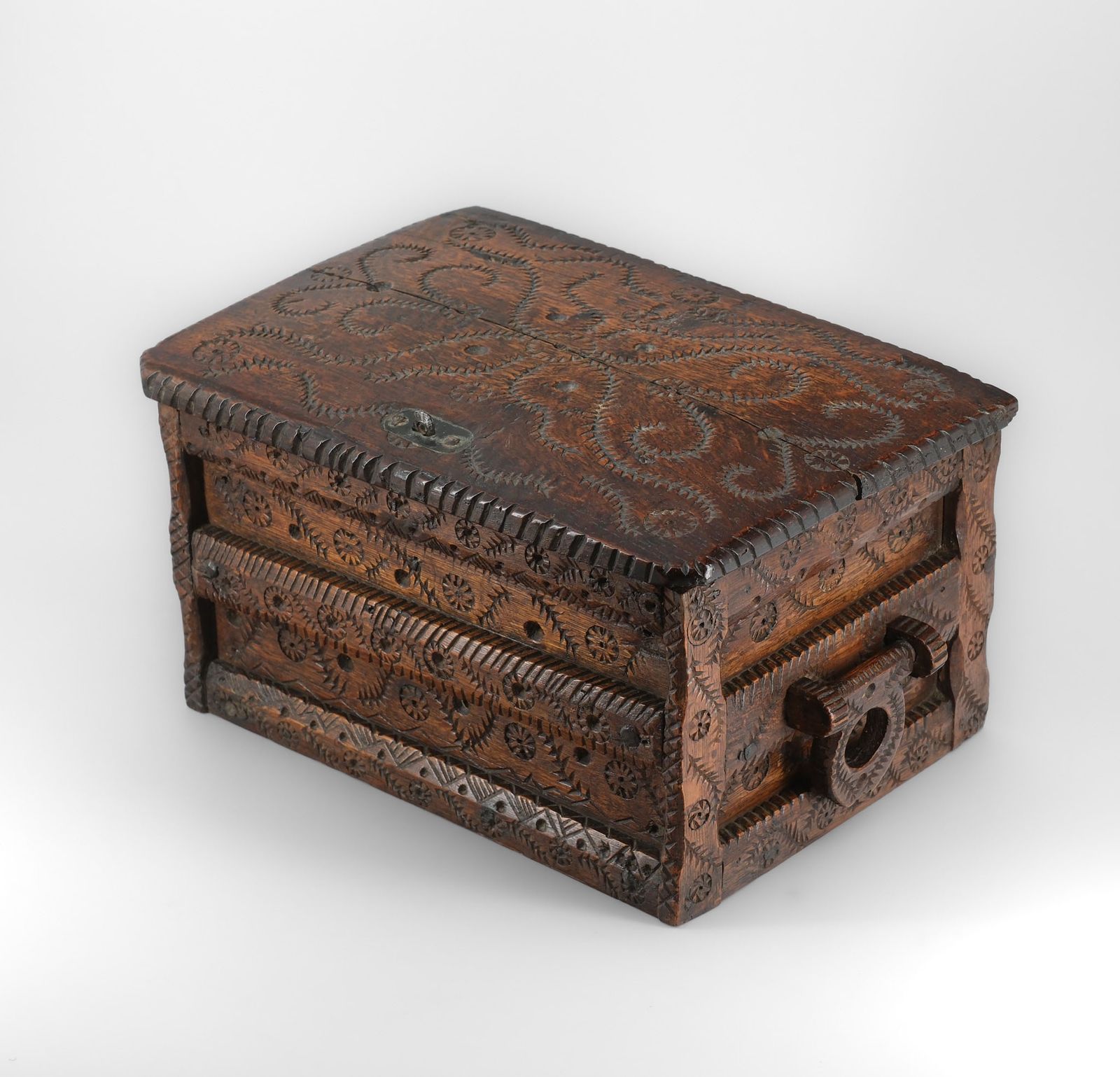 19th Century Scandinavian Folk Art Carved Oak Table Top Chest