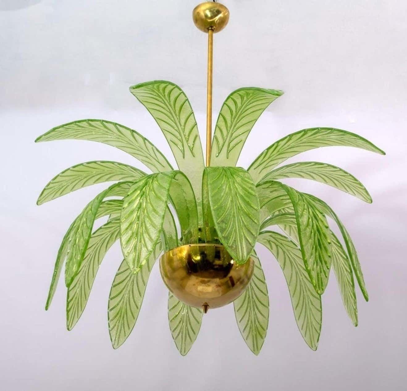 Modern Palm Leaves Chandelier Murano Glass And Brass, 1970s photo Lighting