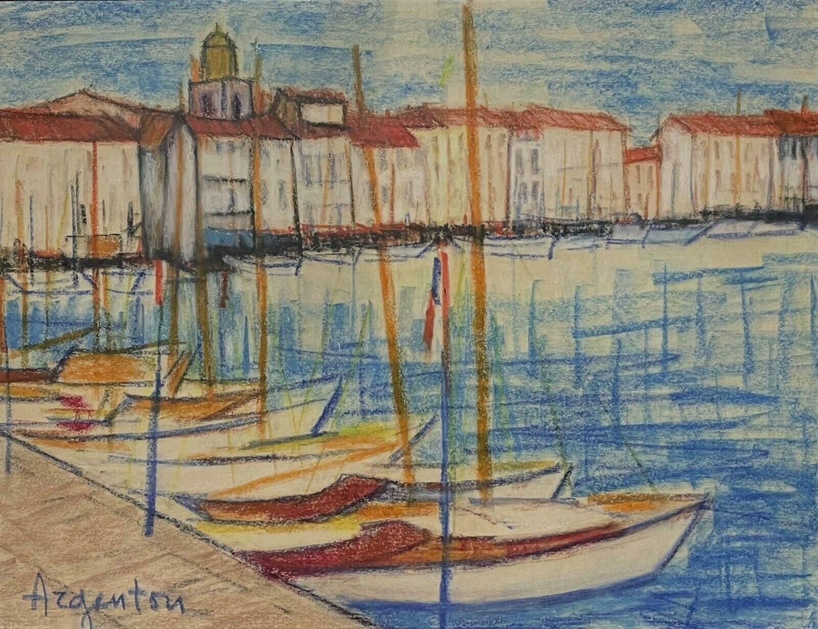 French Schoolmid 20th Century French Painting   St. Tropez Harbour With Boats Lined Upc. 1950's