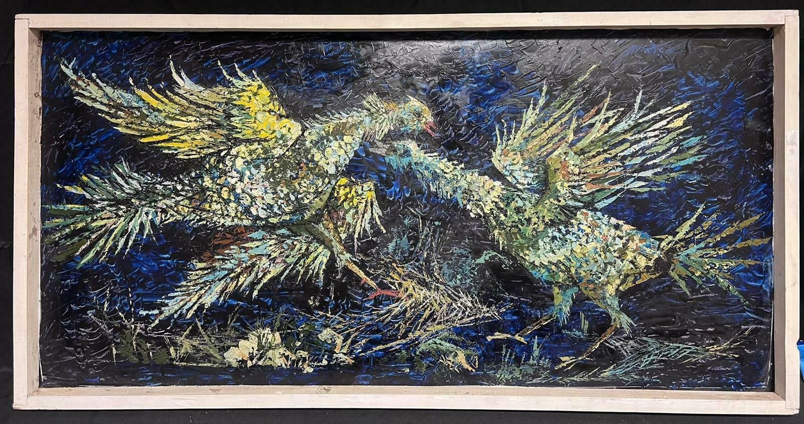 French School1960's Huge Modernist Oil Painting The Cock Fight 1960's photo furniture