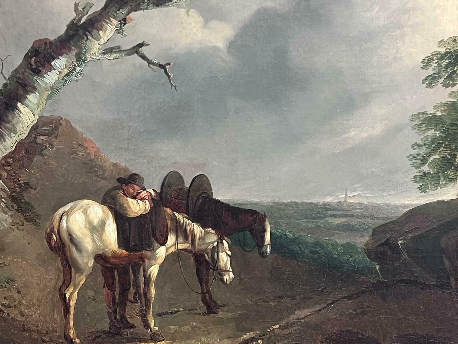 photo furniture Huge 1800's English Oil Painting Man With Horses Resting Panoramic Country Viewc. 1800's