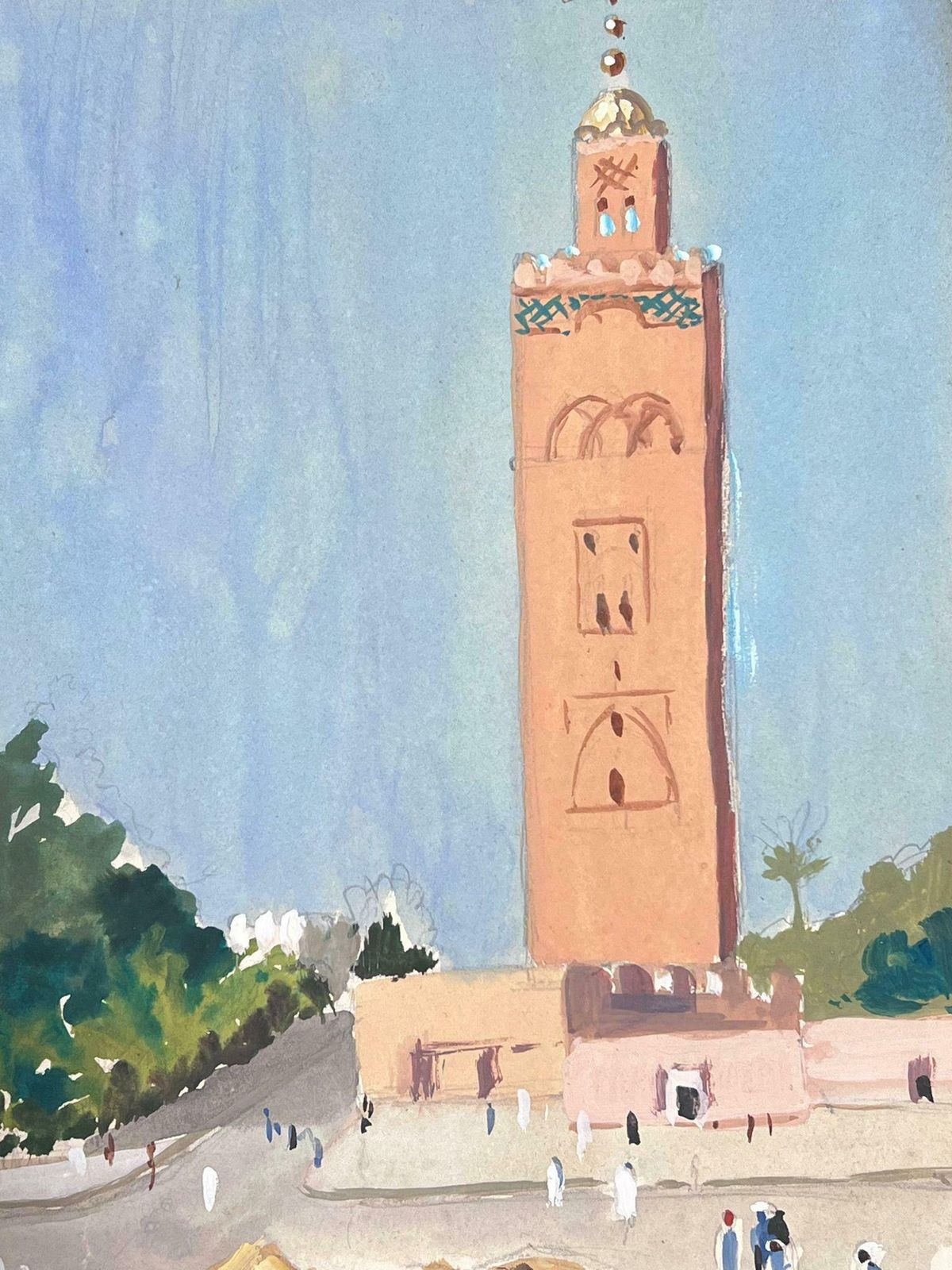 Louise Alix1930's French Impressionist Tall Orange Bell Tower In Busy Figure Town 1930's photo for sale