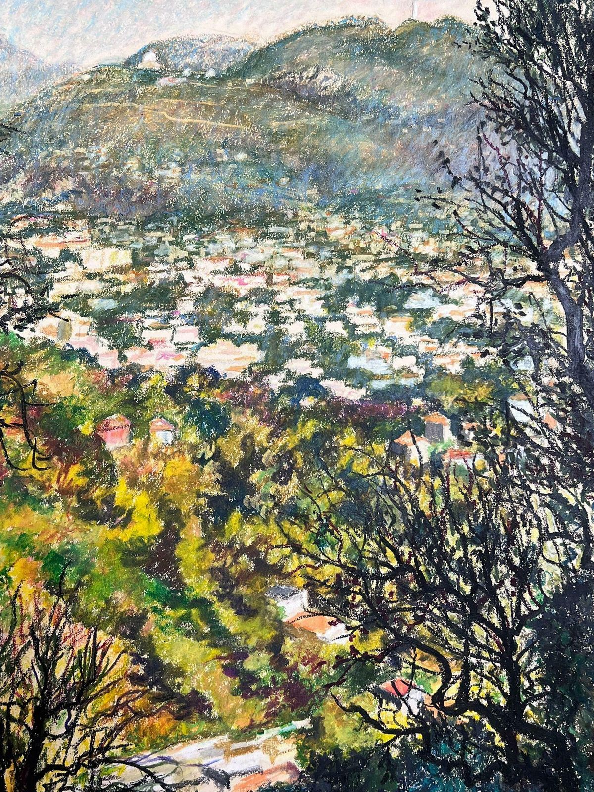 Josine Vignonlarge 20th French Impressionist Pastel Painting Provence Valley Village View1977 photo for sale