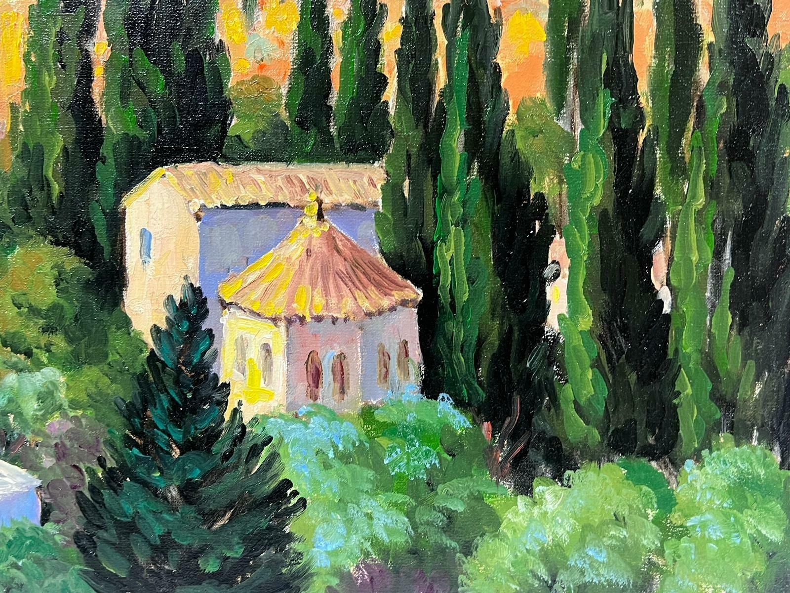 Georges Bordonovecontemporary French Impressionist Oil Cypress Trees Provence Village Landscape photo for sale