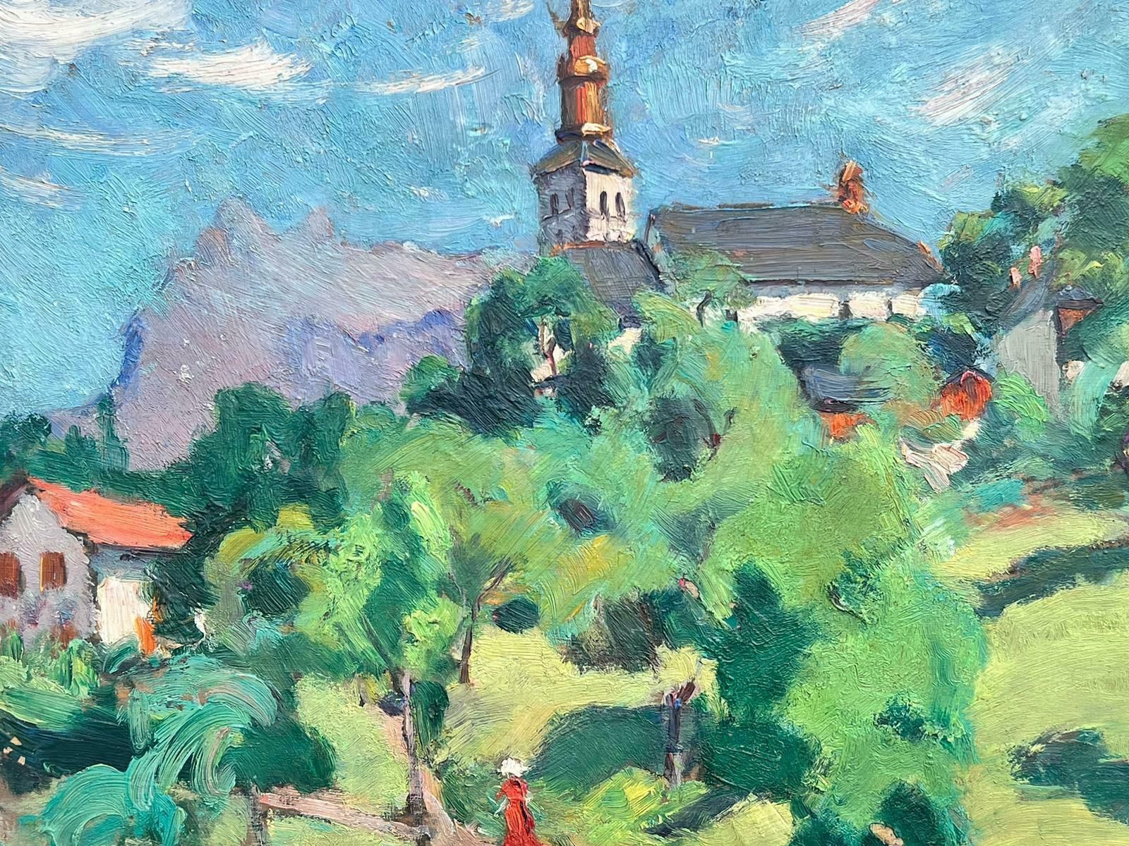 Suzanne Crochet1930's French Post Impressionist Oil Painting Bright Green Church Landscapec. 1930's photo Art