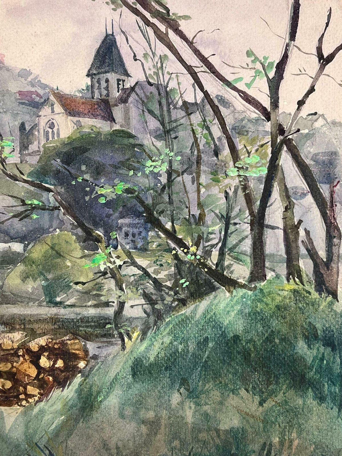 Louise Alix1930's French Bare Trees On Green Hill Landscape Along The River Bank1930's photo for sale