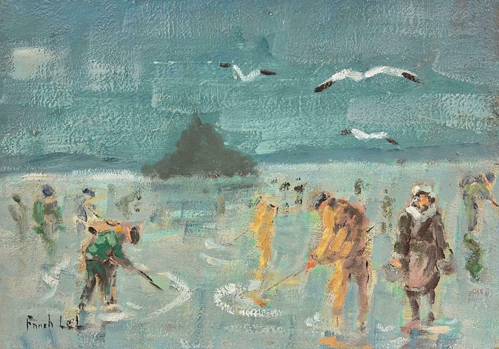 Fanch Lelclam Digging At Low Tide At Trébeurden Bay Of Mont Saint Michel Coastal Scene20th Century photo for sale