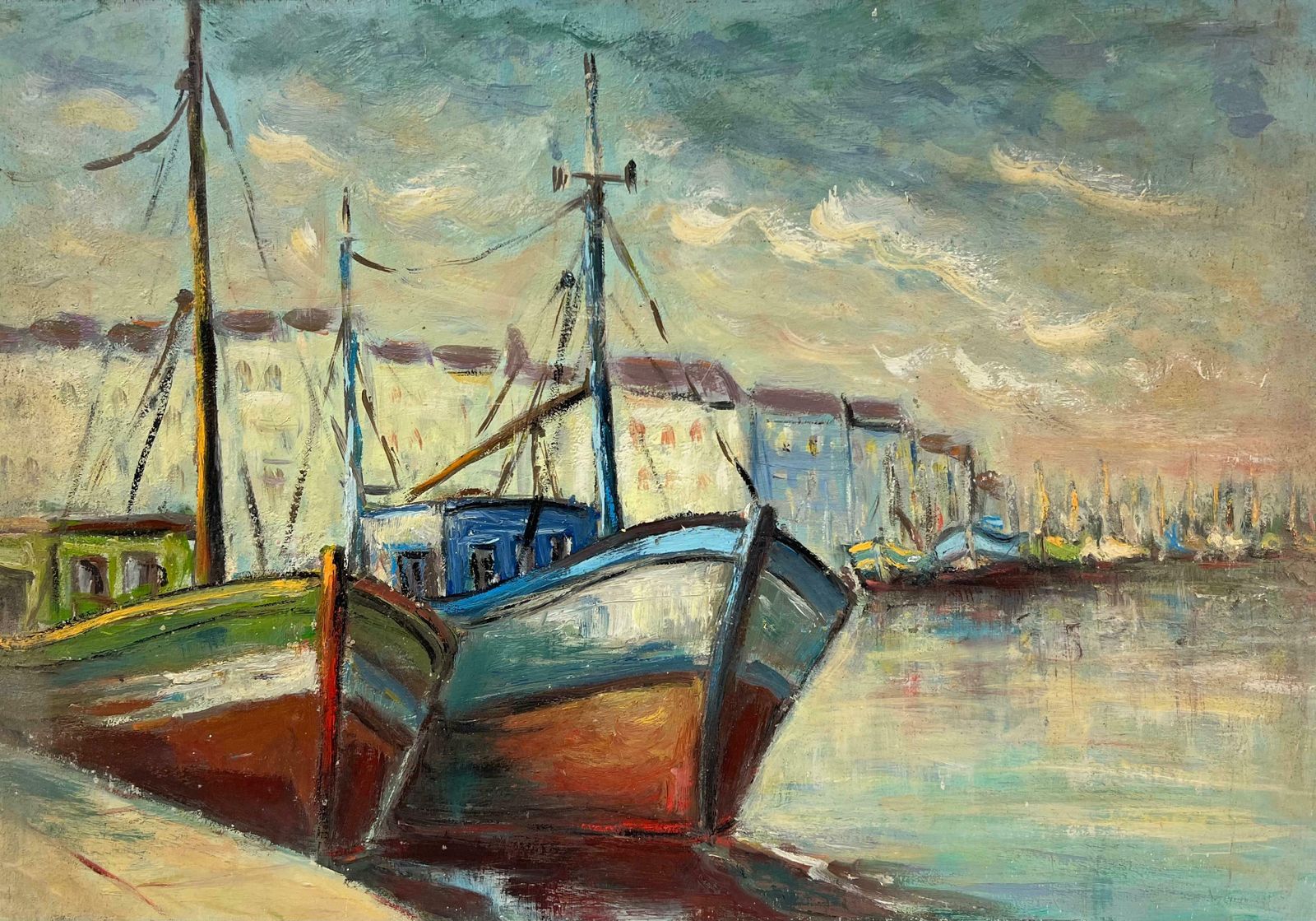Fanch Lelharbor View With Bright Docked Fishing Boats Moody Coastal Scene Oil Painting20th Century