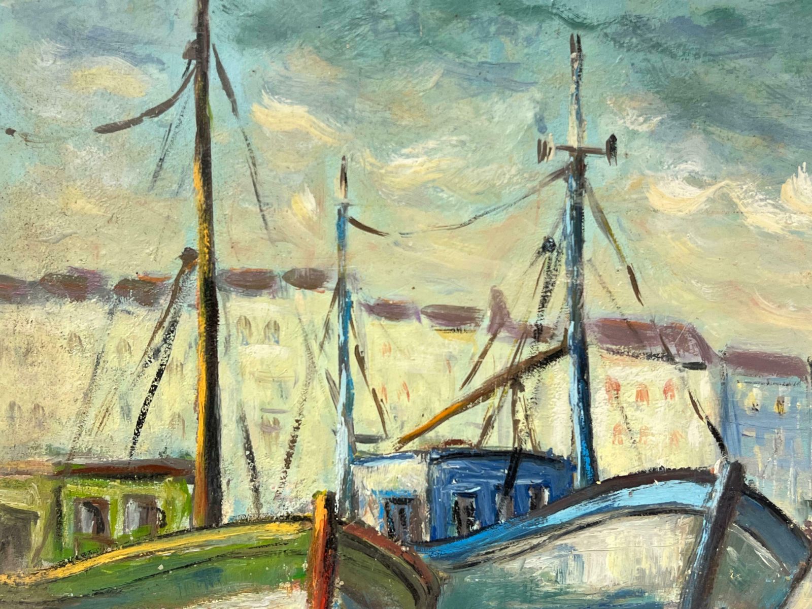Fanch Lelharbor View With Bright Docked Fishing Boats Moody Coastal Scene Oil Painting20th Century photo Art