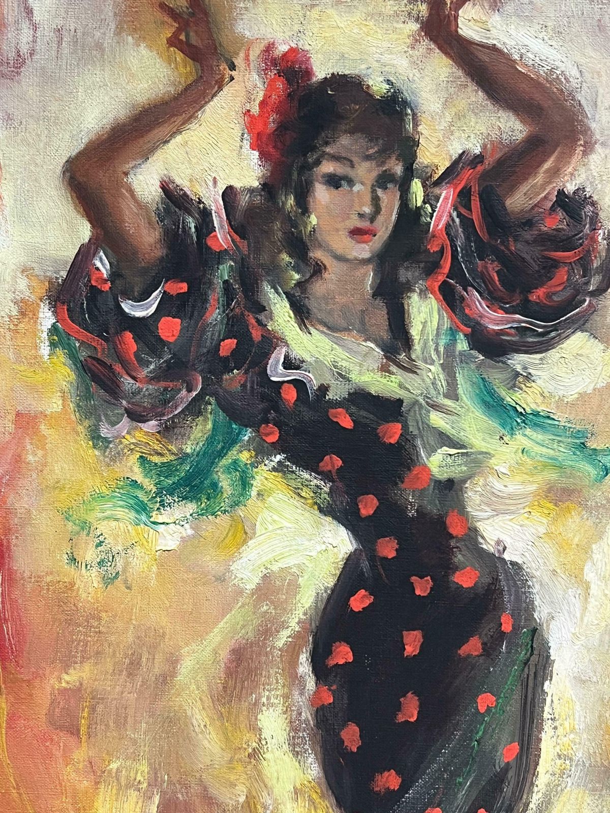 Unknown‘Rita’ Spanish Flamenco Dancer In Fiery Motion Vibrant Signed Oil Painting C.1960's photo for sale