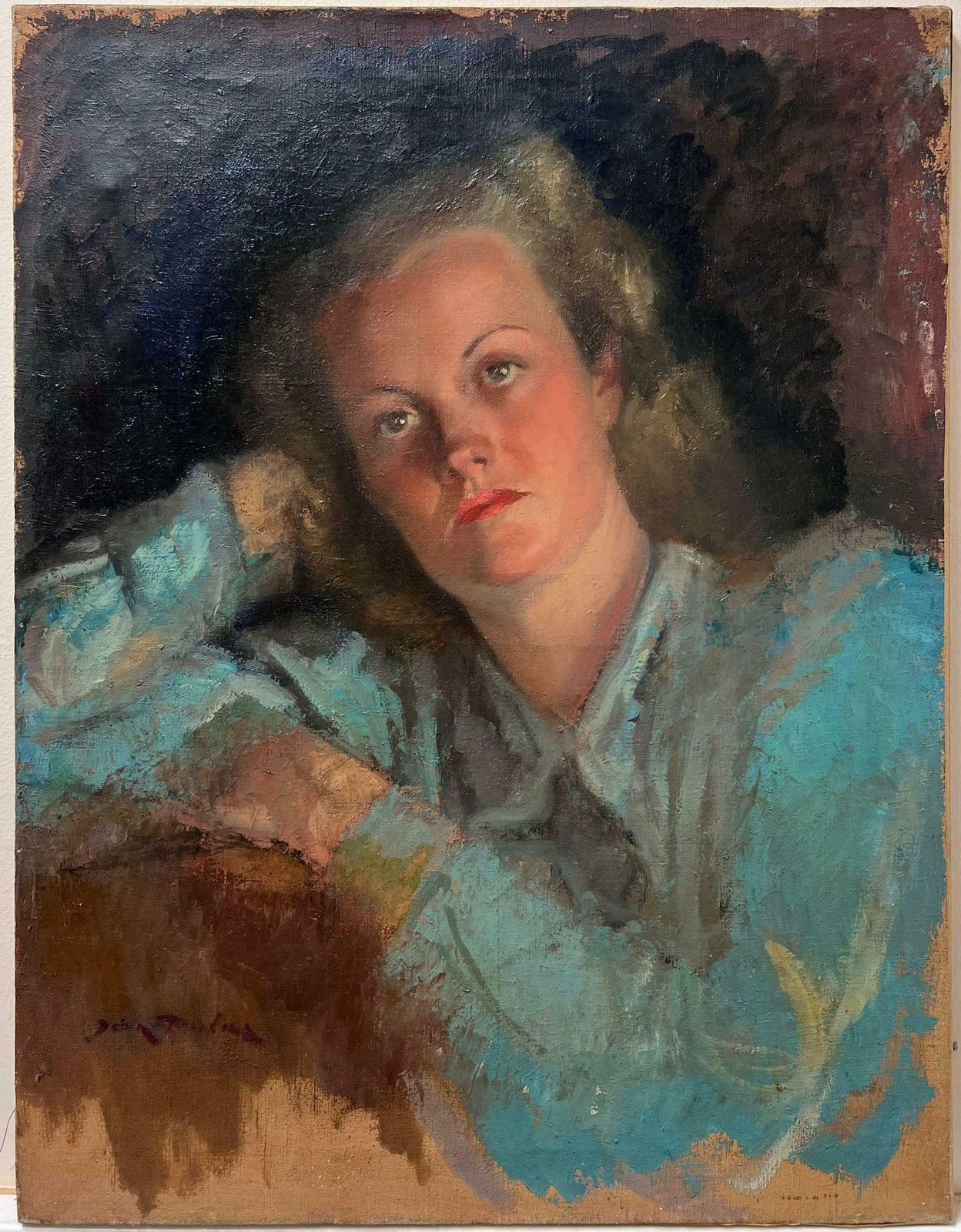 Jean Dulacfine 1940's French Post Impressionist Oil Painting Portrait Of Artists Model1940's photo furniture