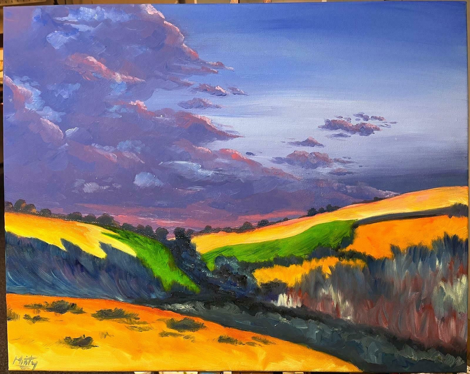 Minty Ramseyfauvist Painting Contemporary Purple Sunset Over Spanish Country Side Fields2024 photo furniture