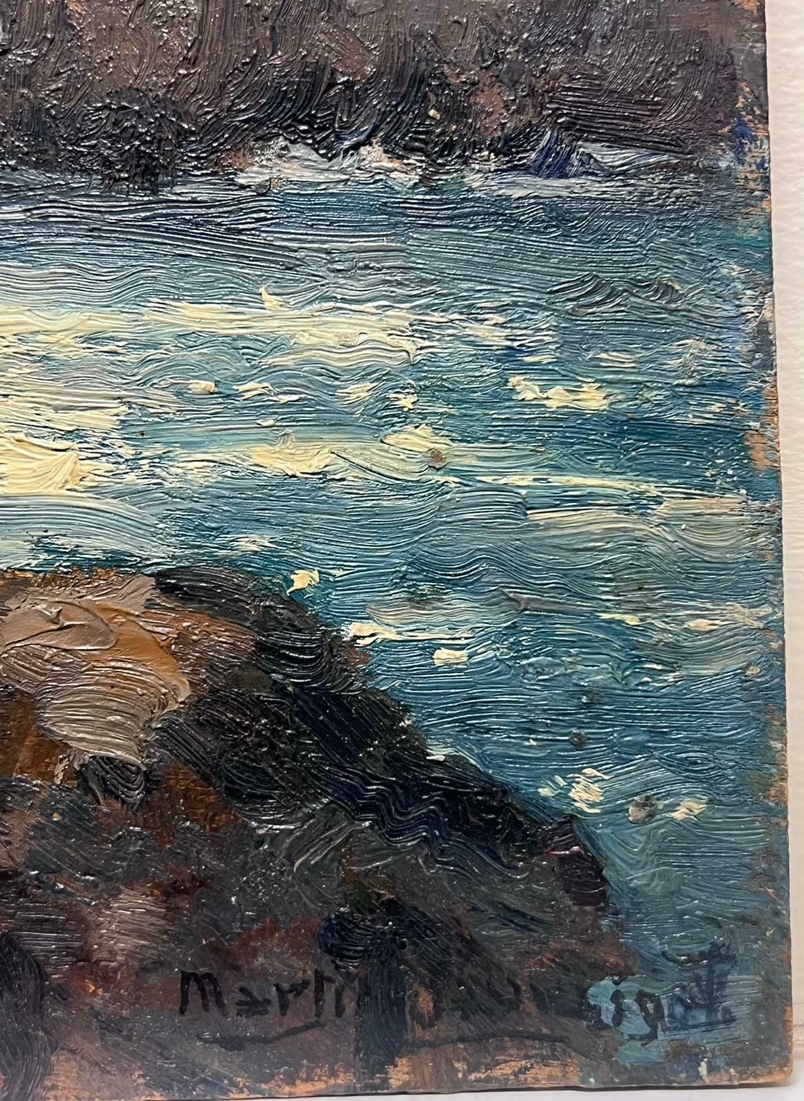Charles Martin Sauvaigofine Antique French Impressionist Signed Oil Painting Crashing Waves Rocky Coast photo for sale