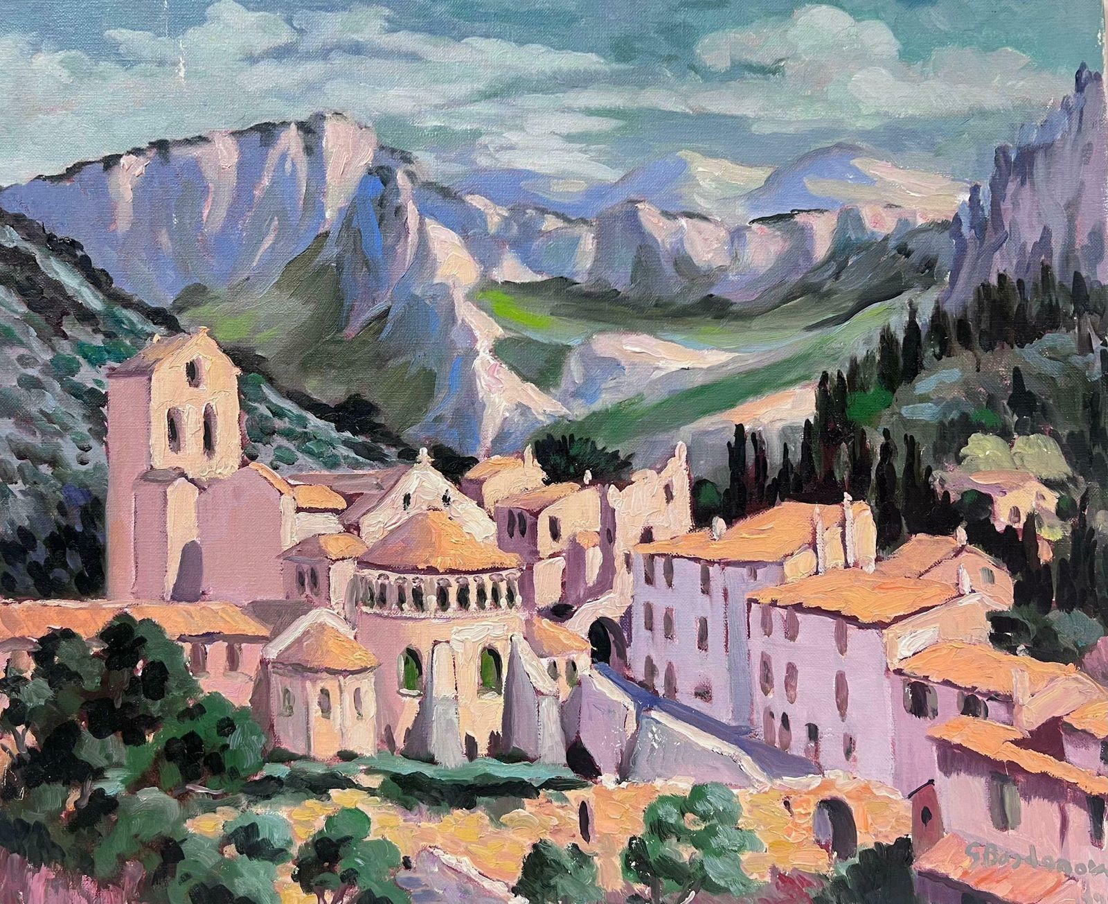 Georges Bordonovepink French Town Hidden In The Mountains Contemporary Impressionist Oil