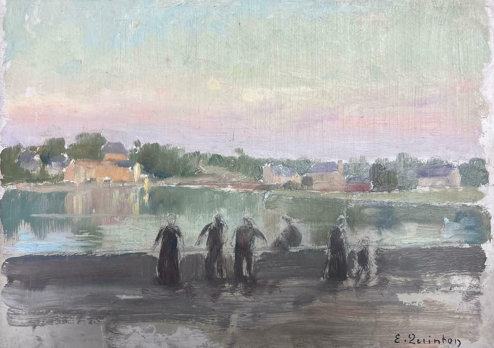 Edmond Quintonatmospheric River With Figures 1920's French Impressionist Signed Oil Painting 1930's photo Art