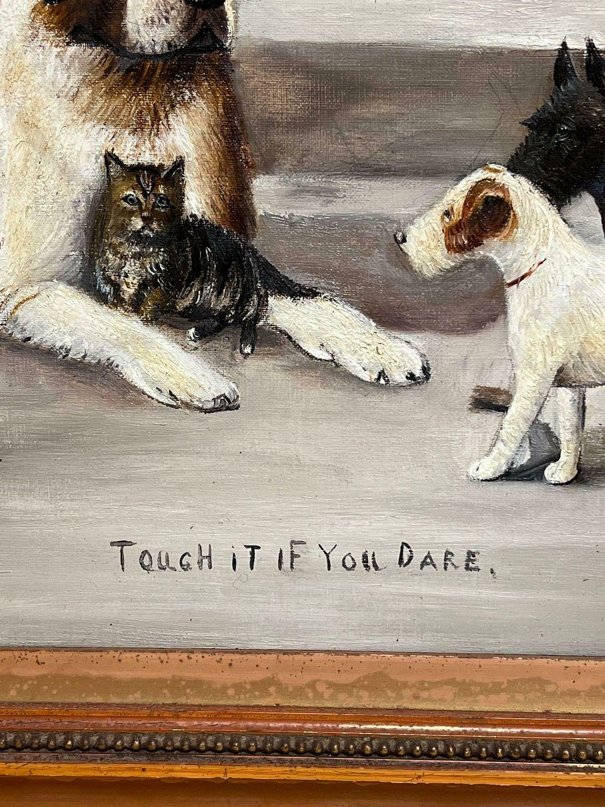 English 1920'slarge Antique English Dog Oil Painting With Kitten Signed & Dated 1927 Framed1927 photo Art